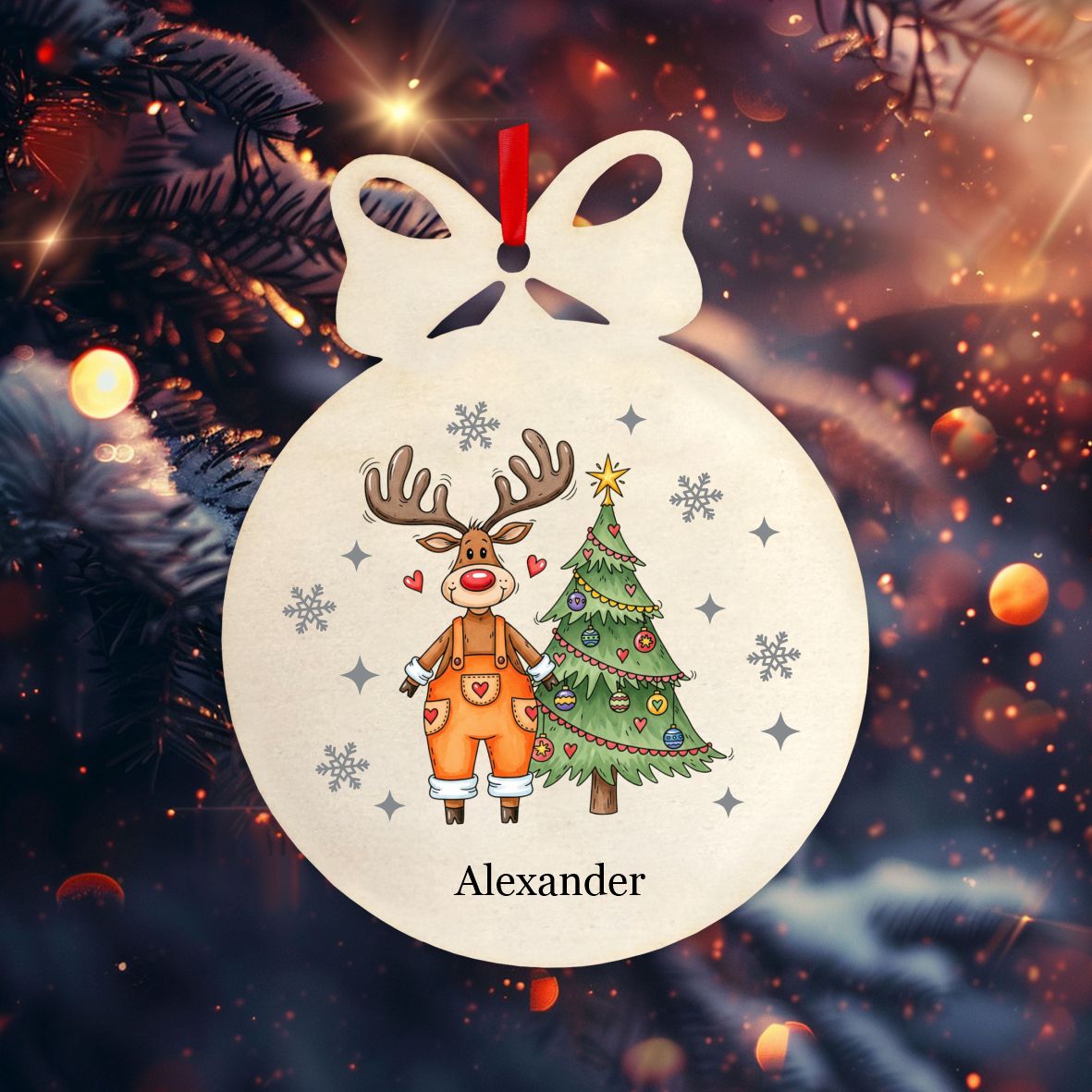 Personalisierte bunte Holz-Weihnachtskugeln - Rentier