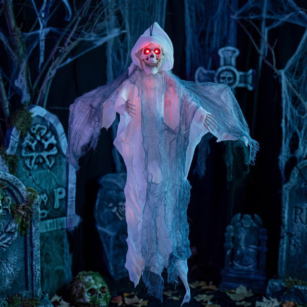 Hängender Horror-Geist mit leuchtenden Augen, Sound und Bewegung, 52 cm weiß