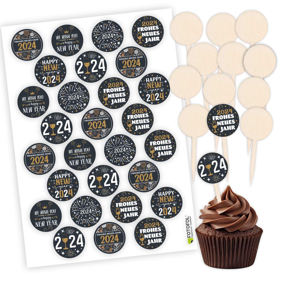 Weihnachten Cupcake Stecker 12er Set aus Holz mit Aufklebern - FOTOFOL