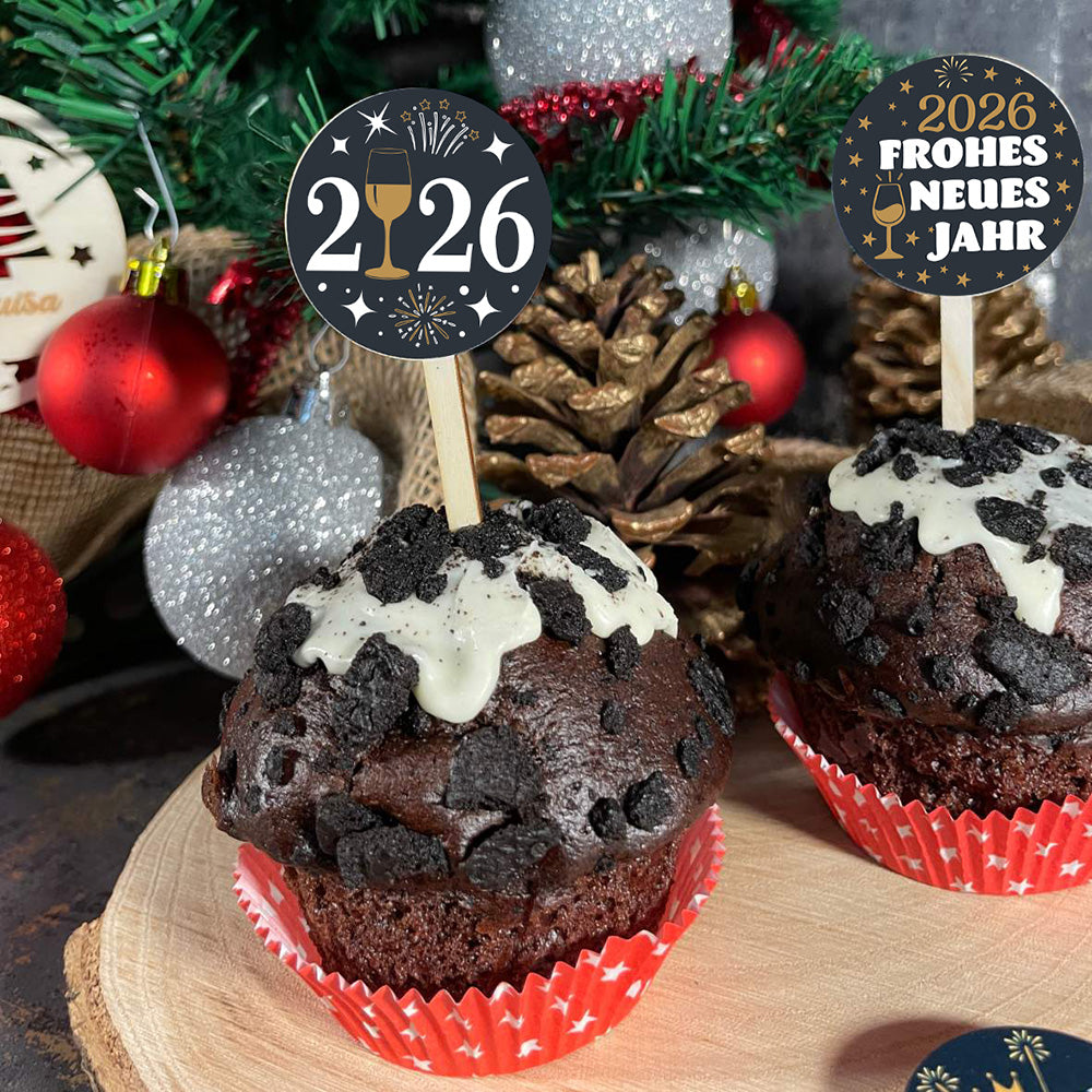FOTOFOL - 12er Set Holz-Cupcake-Stecker mit 28 Aufklebern für festliche Muffins und Donuts.