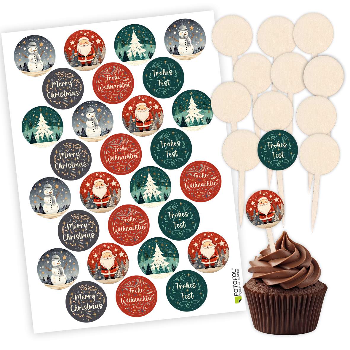 Weihnachten Cupcake Stecker 12er Set aus Holz mit Aufklebern - FOTOFOL