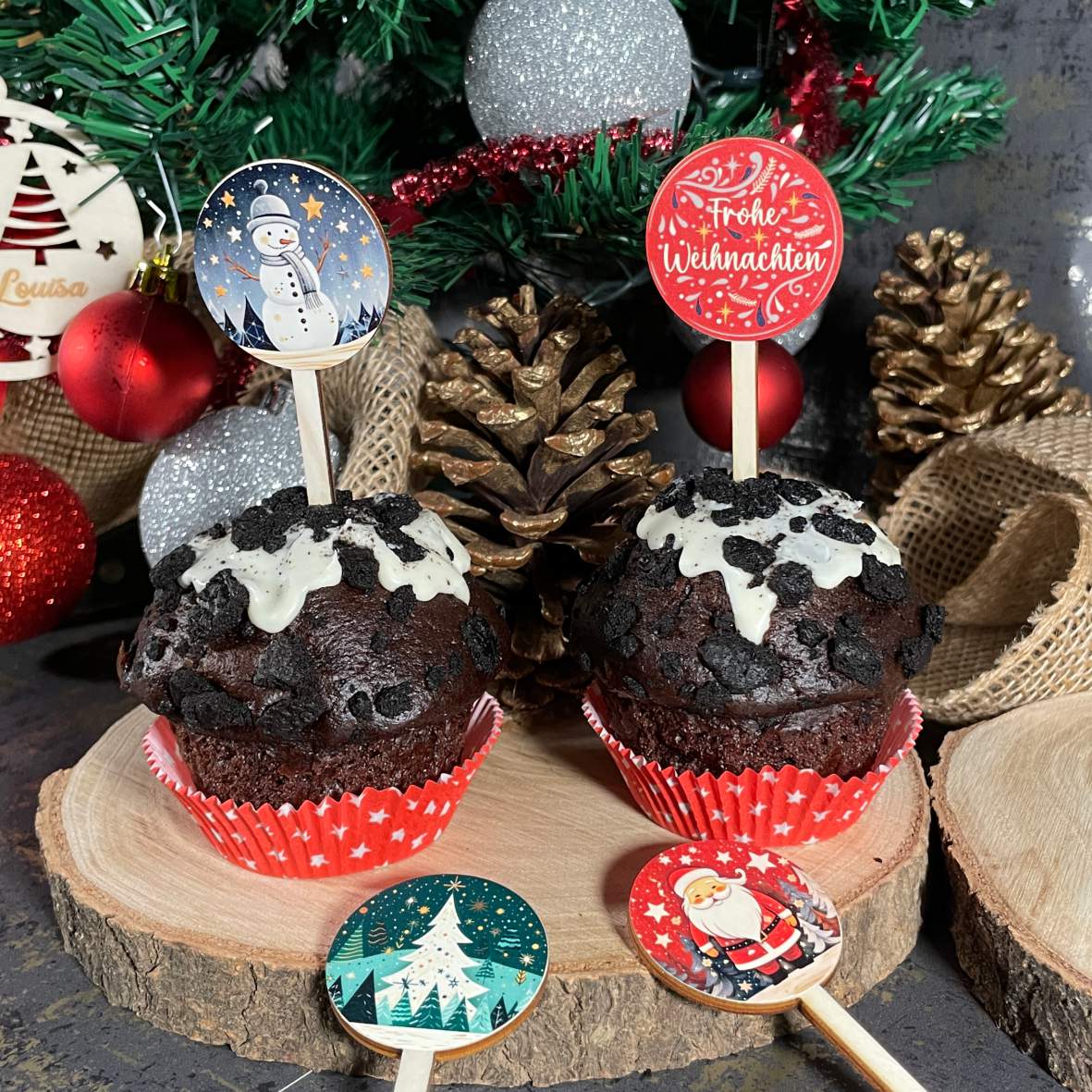Weihnachten Cupcake Stecker 12er Set aus Holz mit Aufklebern - FOTOFOL