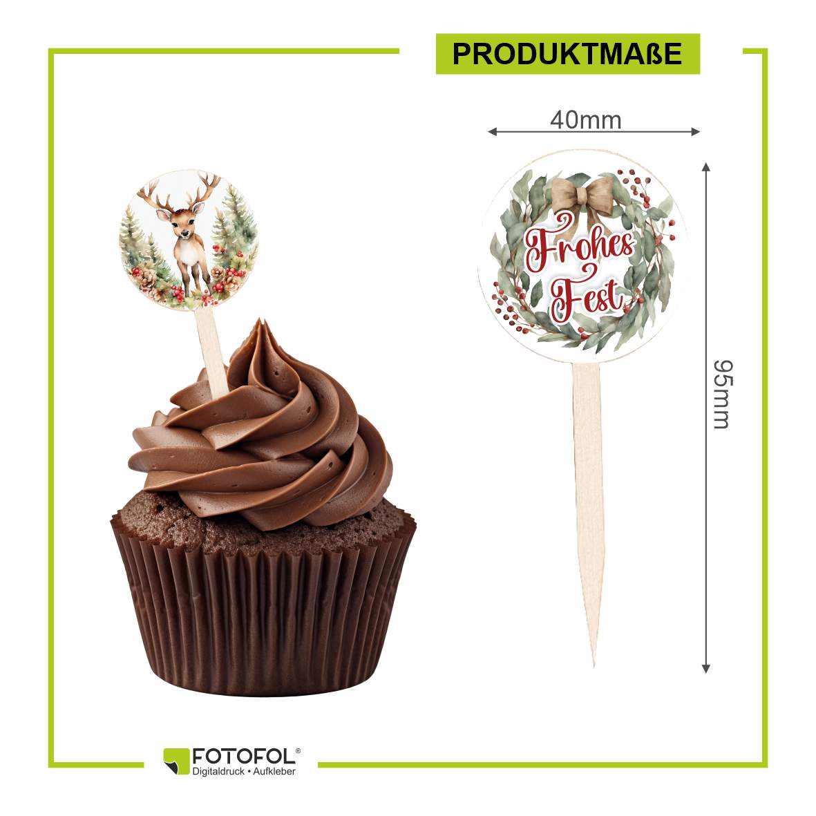 Weihnachten Cupcake Stecker 12er Set aus Holz mit Aufklebern - FOTOFOL