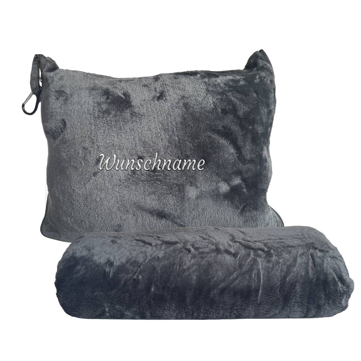 FOTOFOL - 2-in-1 Reisekissen und Reisedecke, personalisierbar mit Namen – Weiche & Warme Decke für Flugzeug und Auto, inkl. Gepäckhülle und Rucksackclip