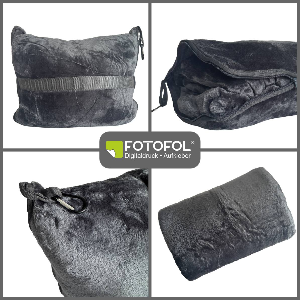 FOTOFOL - 2-in-1 Reisekissen und Reisedecke, personalisierbar mit Namen – Weiche & Warme Decke für Flugzeug und Auto, inkl. Gepäckhülle und Rucksackclip