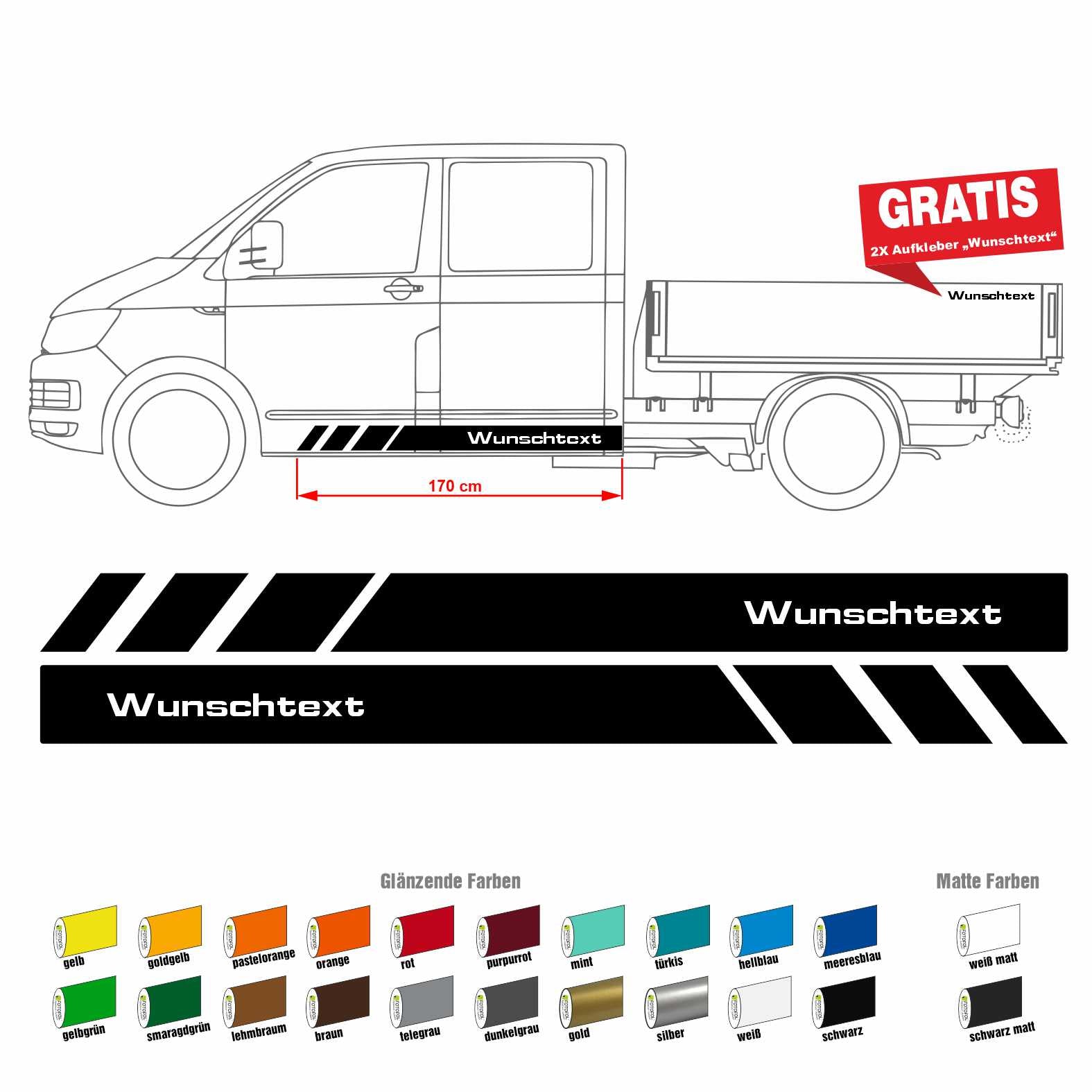 Seitenstreifen Aufkleber mit WUNSCHTEXT passend für VW Pritsche Doppelkabine