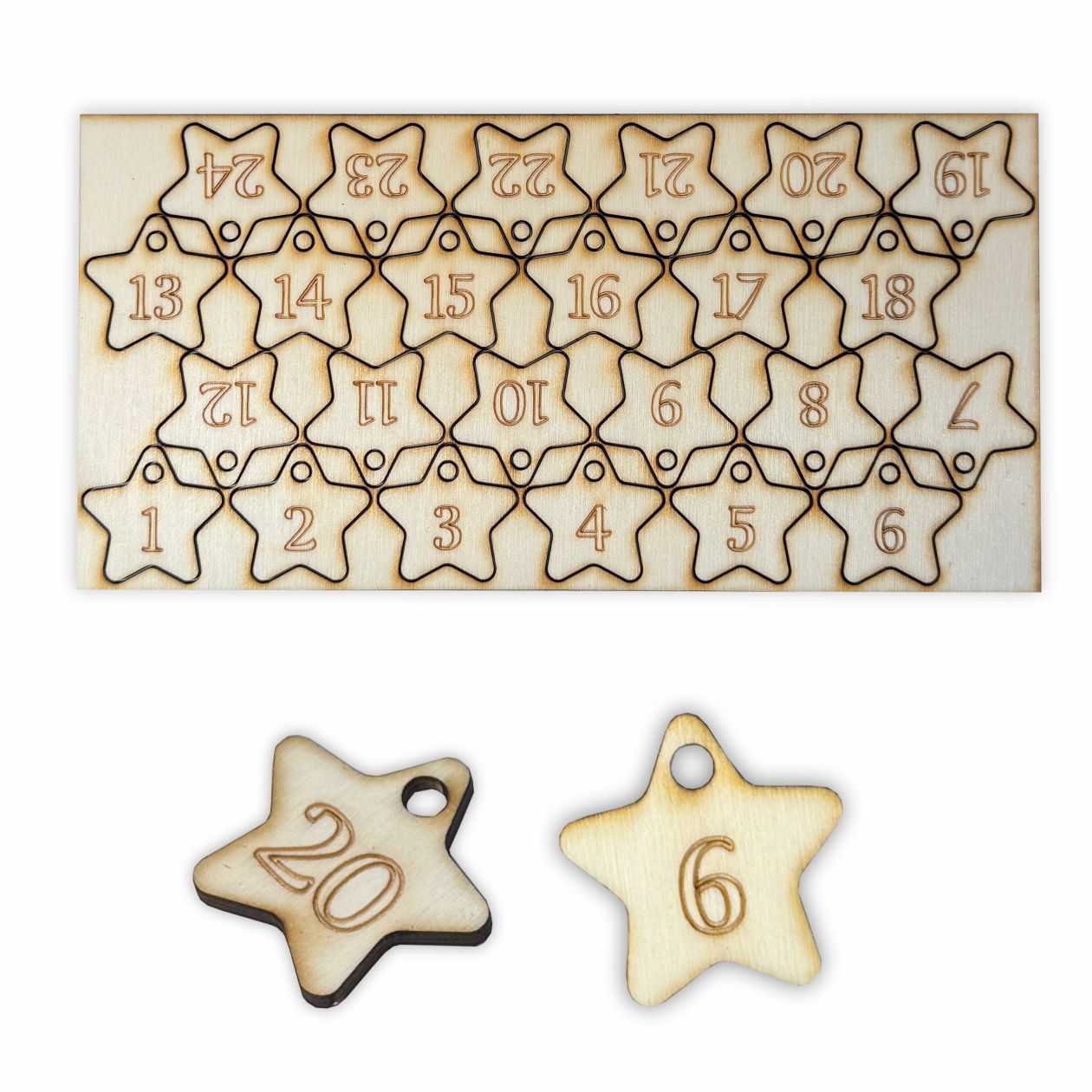 24 Adventskalender Zahlen aus natürlichem Birkensperrholz - Weihnachtskalender Anhänger Nummern zum Basteln - FOTOFOL