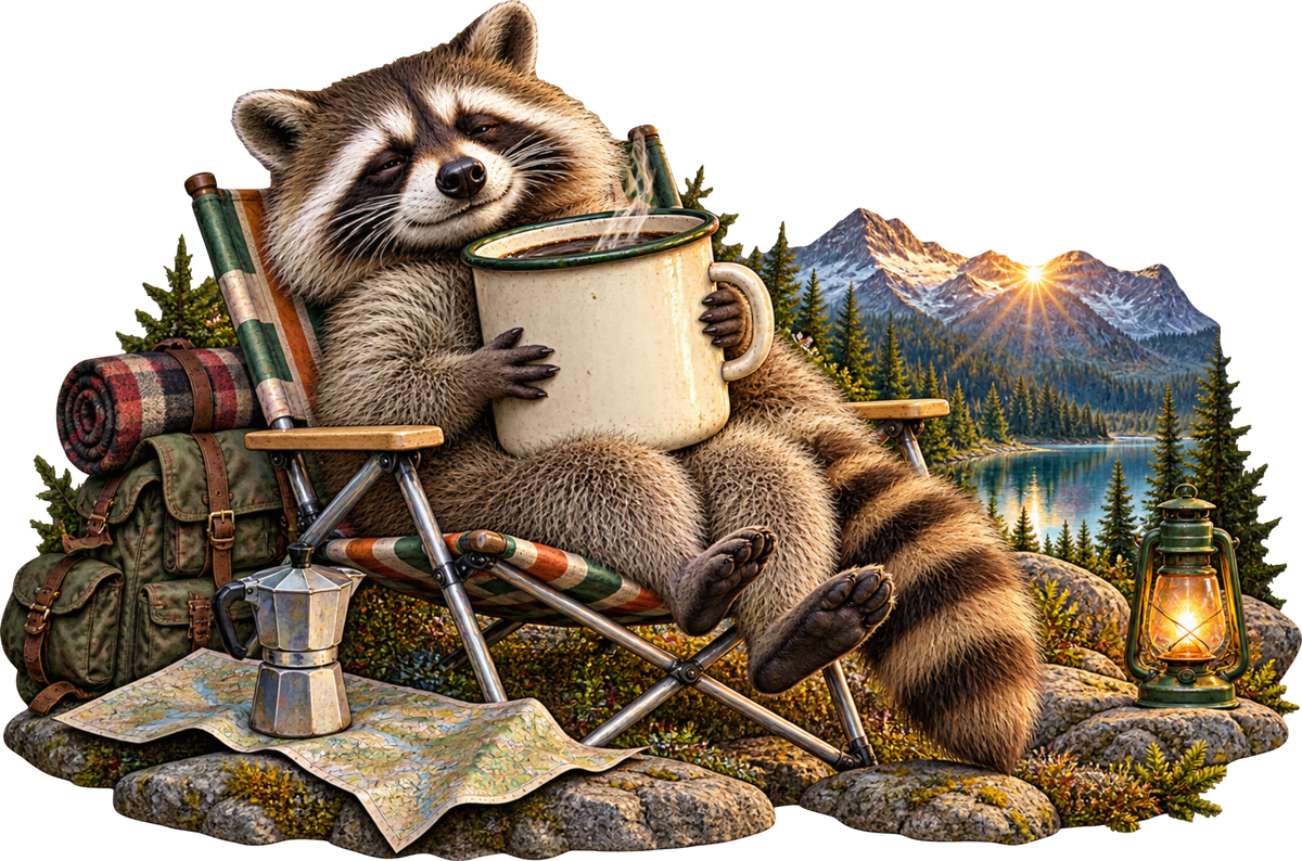 Waschbär mit Morgenkaffee – Aufklebermotiv