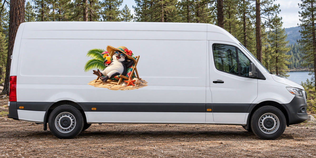 Pinguin am Strand – Beispiel am Kastenwagen