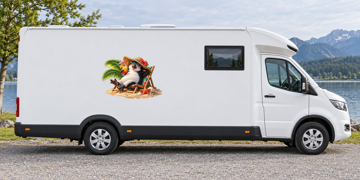 Pinguin am Strand – Beispiel am Wohnmobil