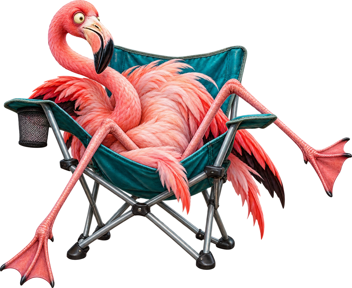 Flamingo am Faltstuhl – Aufklebermotiv