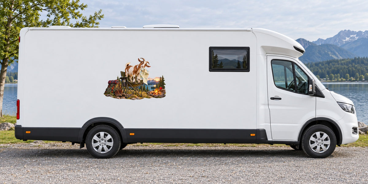 Ziege mit Lieblingsplatz – Beispiel am Wohnmobil
