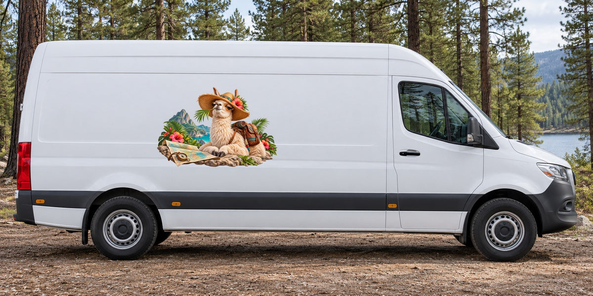 Lama mit Fernweh – Beispiel am Kastenwagen