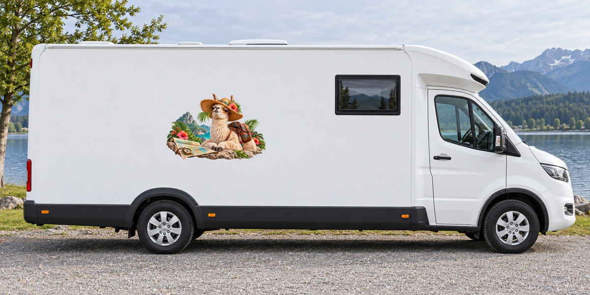 Lama mit Fernweh – Beispiel am Wohnmobil