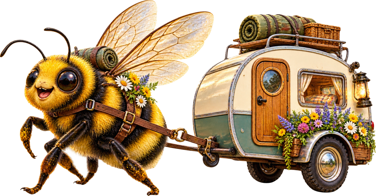 Hummel mit Campinganhänger – Aufklebermotiv
