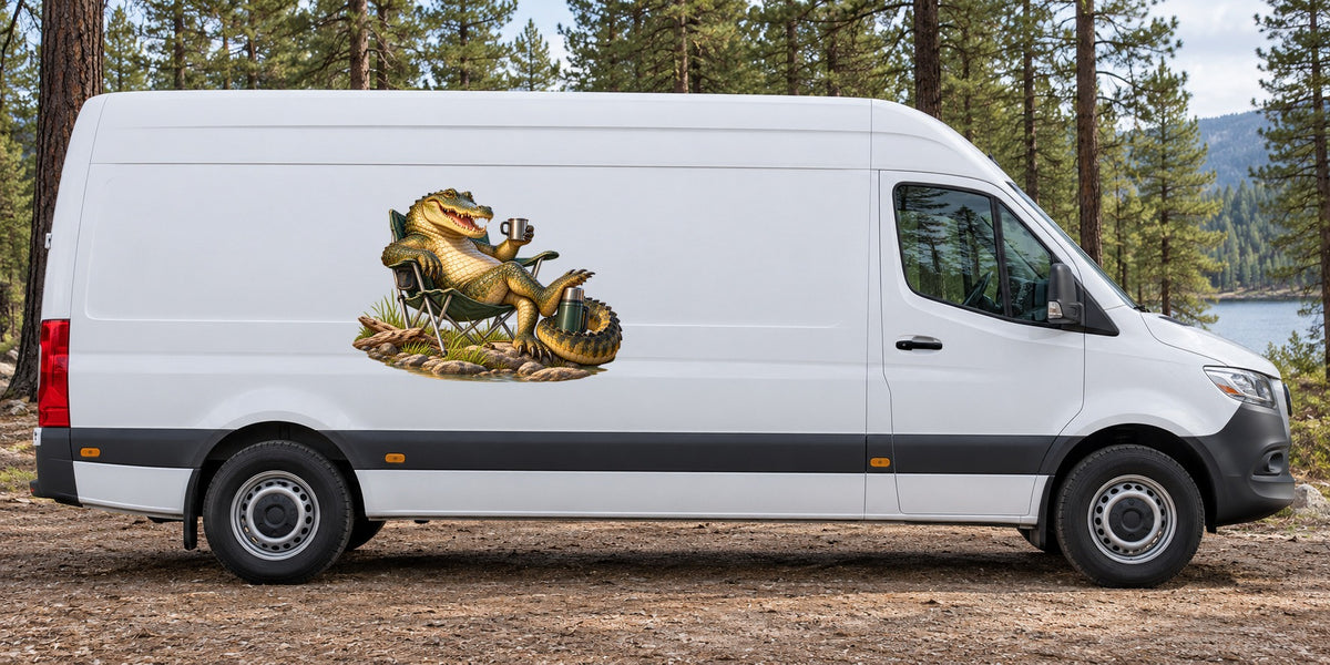 Krokodil mit Klappstuhl – Beispiel am Kastenwagen