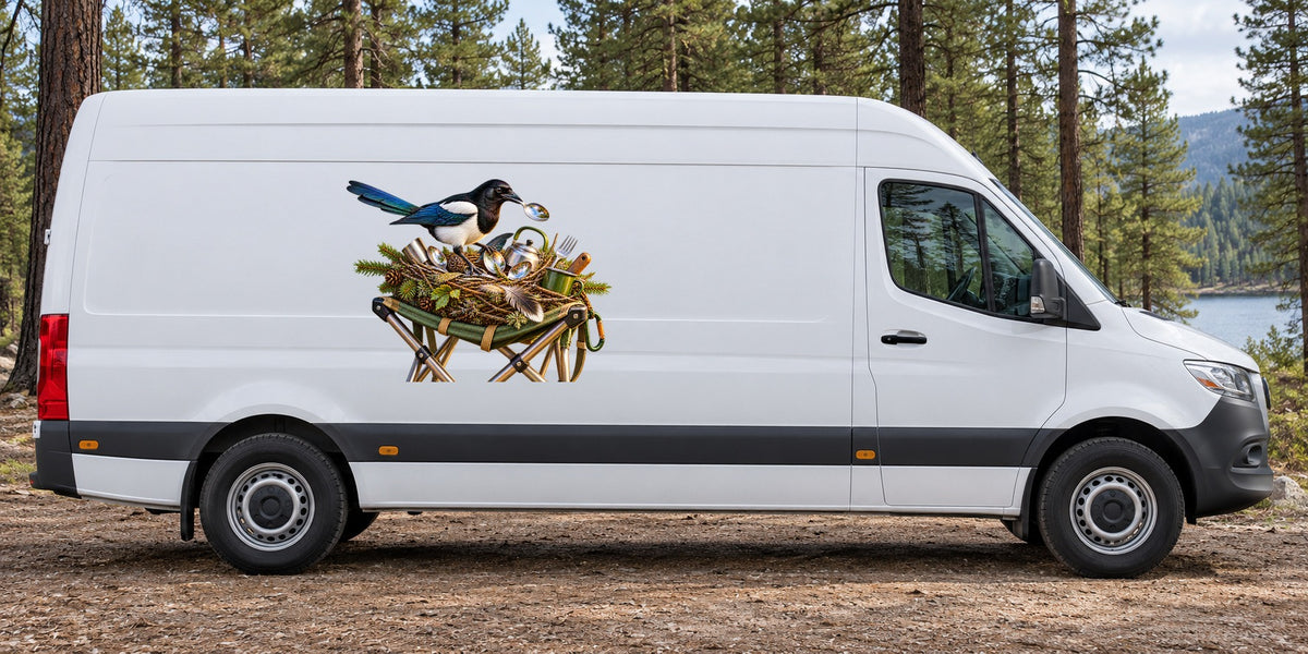 Elster sammelt Campingbesteck – Beispiel am Kastenwagen