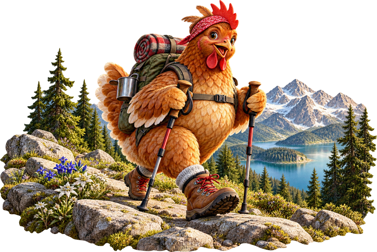 Huhn mit Wanderstöcken – Aufklebermotiv