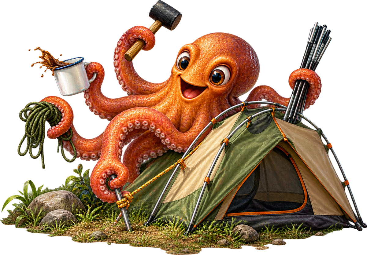 Oktopus beim Zeltaufbau – Aufklebermotiv