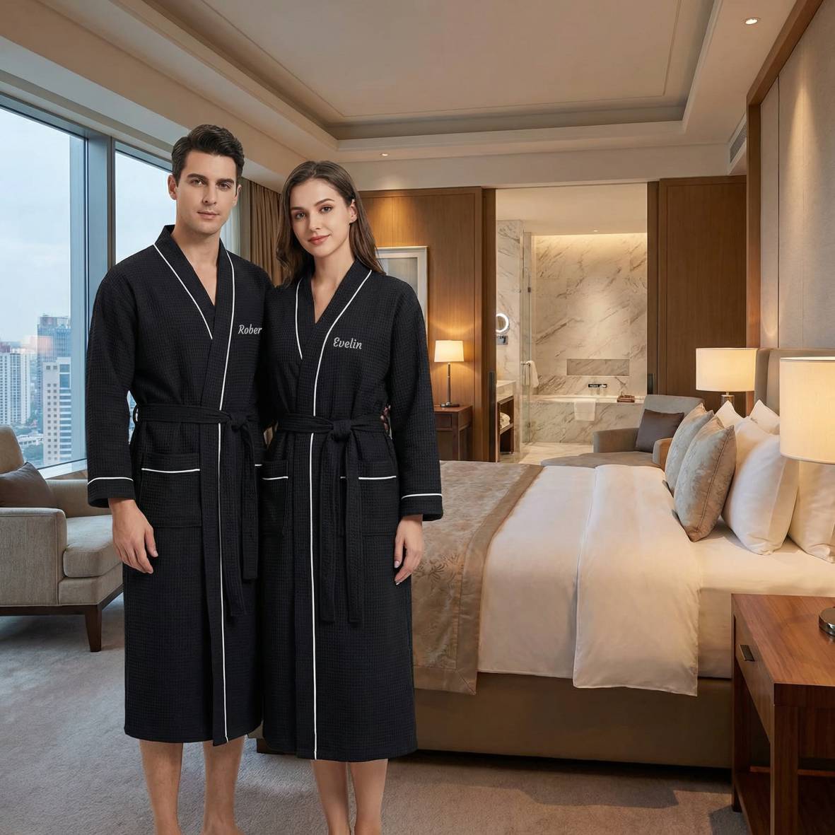 Personalisierter Waffel-Bademantel mit gesticktem Namen, 100% Baumwolle - FOTOFOL