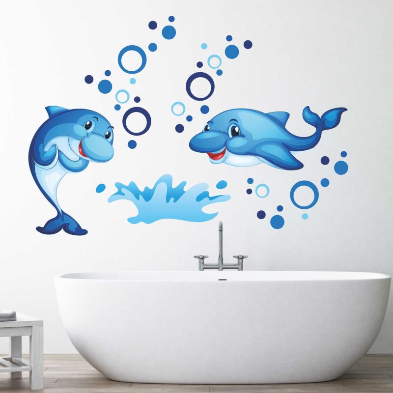 Wandtattoo Badezimmer niedliche Delphine Luftblasen Wasser - FOTOFOL