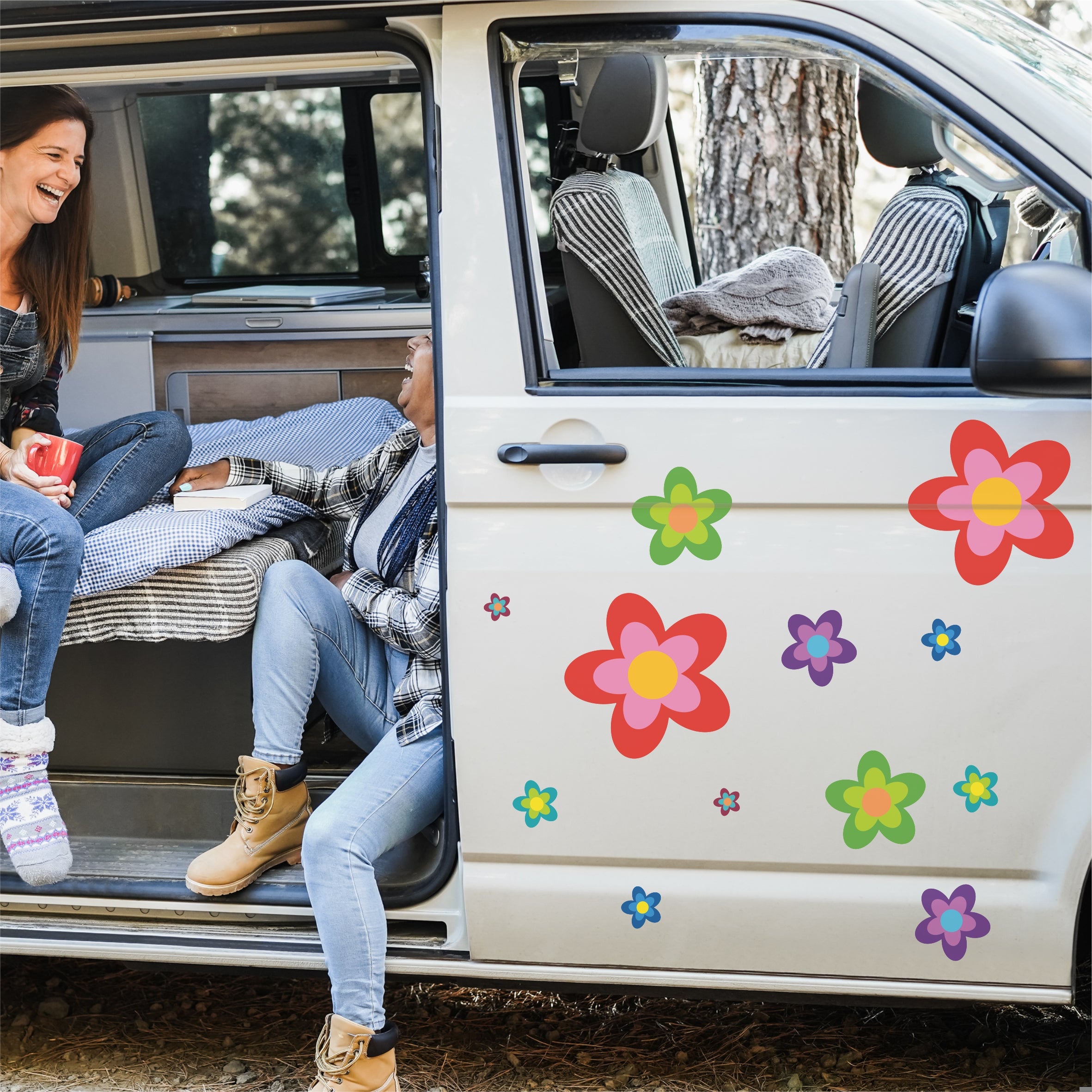 6 Aufkleber Auto Hippie Blumen - Sticker Flower Power Sommer - für Auto, Fahrzeuge, Roller, Moped, Motorrad-Helm - perfekt für VW Bulli California - FOTOFOL
