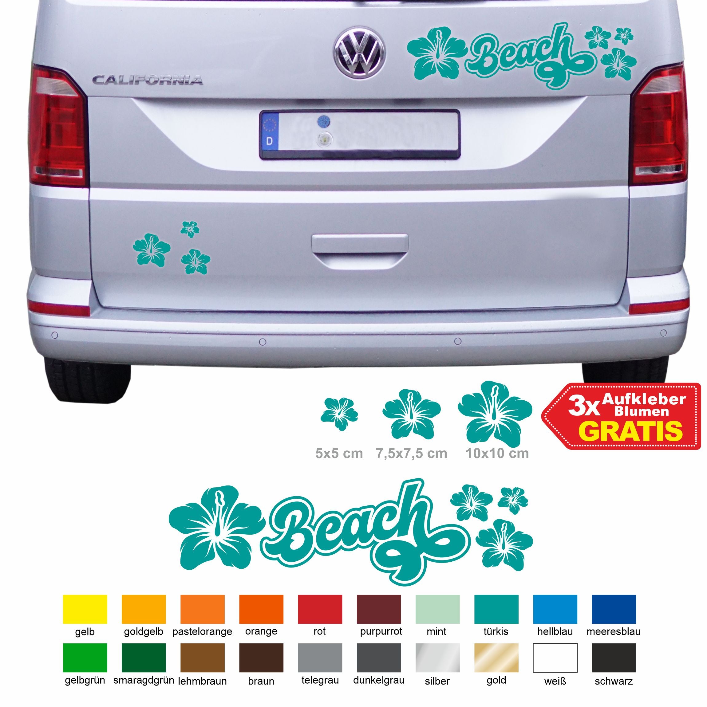Autoaufkleber passend für VW California Beach T6.1, T6, T5, T4... Hibiskus Blumen - FOTOFOL