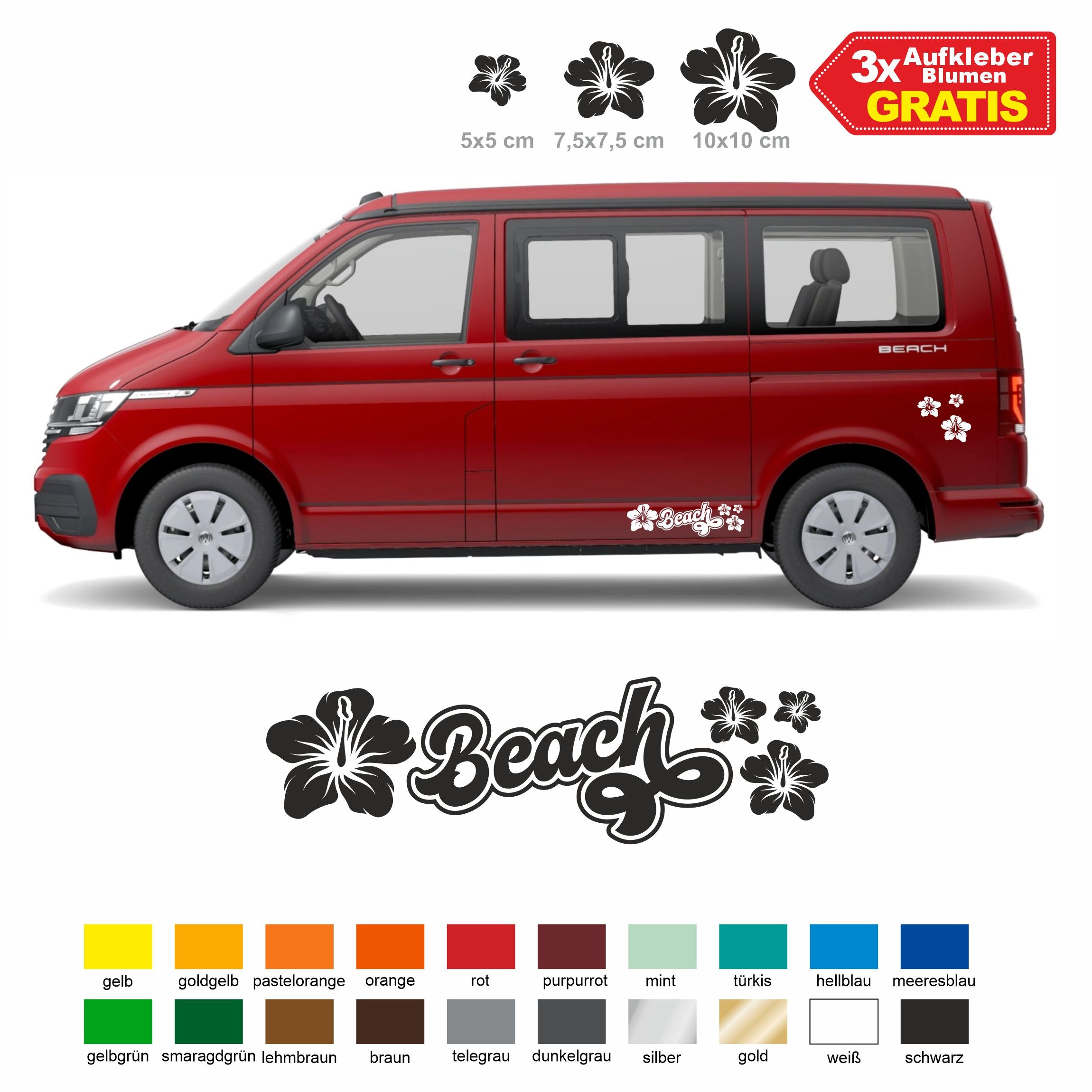 Autoaufkleber passend für VW California Beach T6.1, T6, T5, T4... Hibiskus Blumen - FOTOFOL