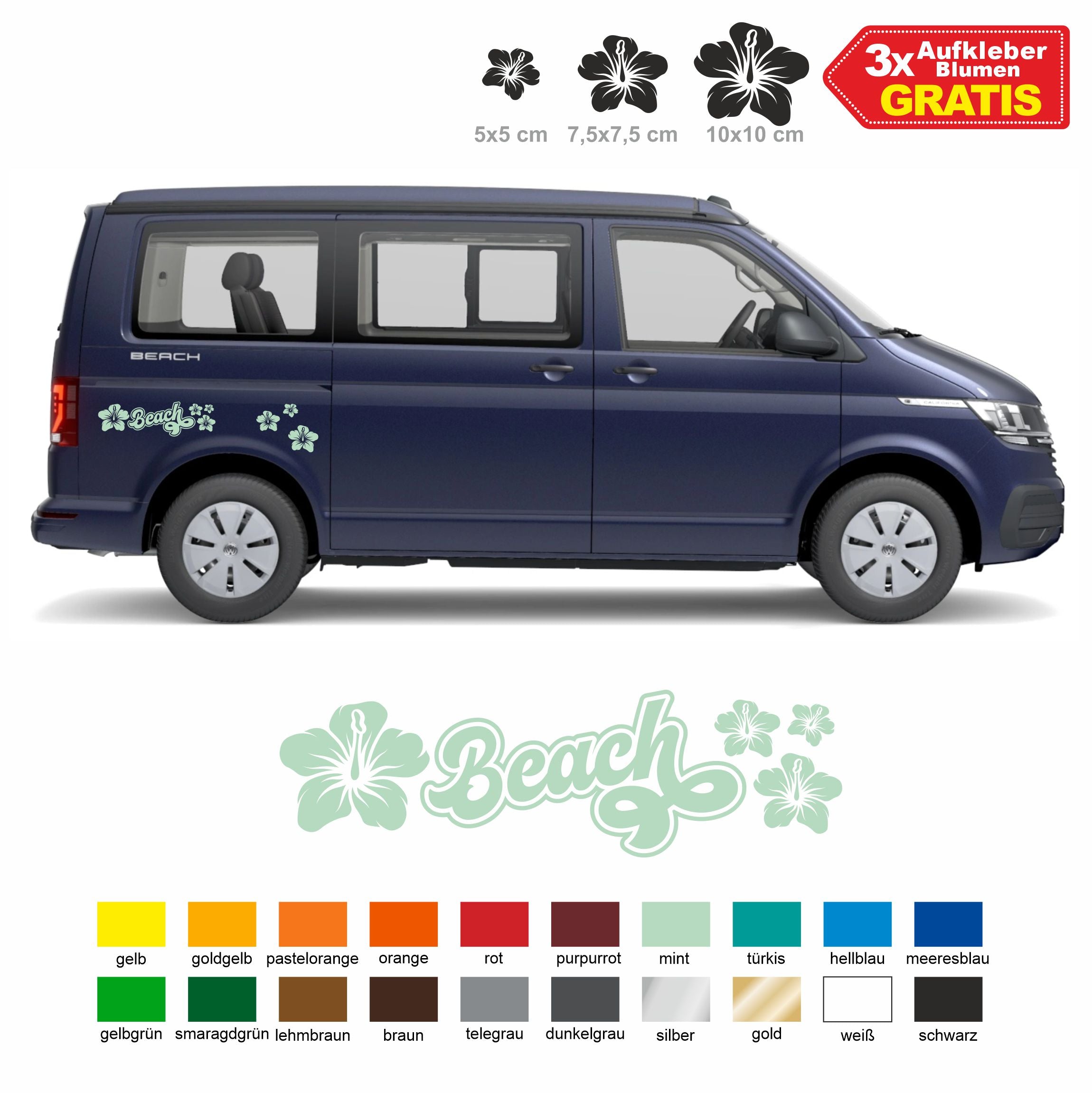 Autoaufkleber passend für VW California Beach T6.1, T6, T5, T4... Hibiskus Blumen - FOTOFOL
