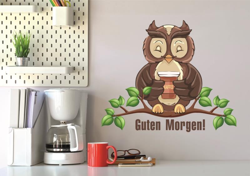 Wandtattoo Küche Deko Ast mit Eule Guten Morgen Kaffee Coffee - FOTOFOL
