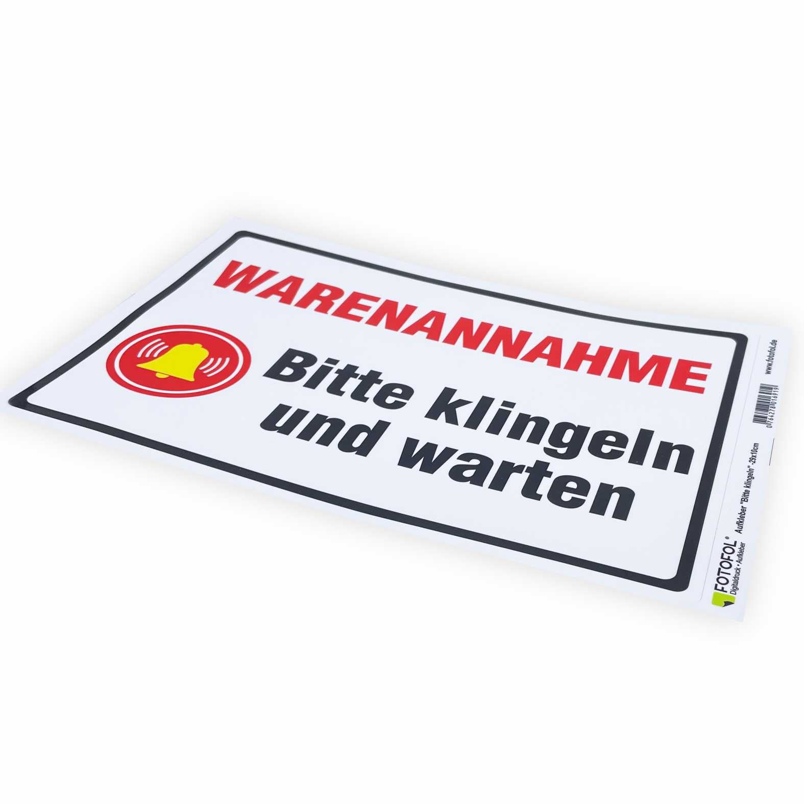 Aufkleber 29x20cm "Warenannahme - Bitte klingeln und warten"  - Hinweisaufkleber für den Innen- und Außenbereich - Folie selbstklebend - FOTOFOL