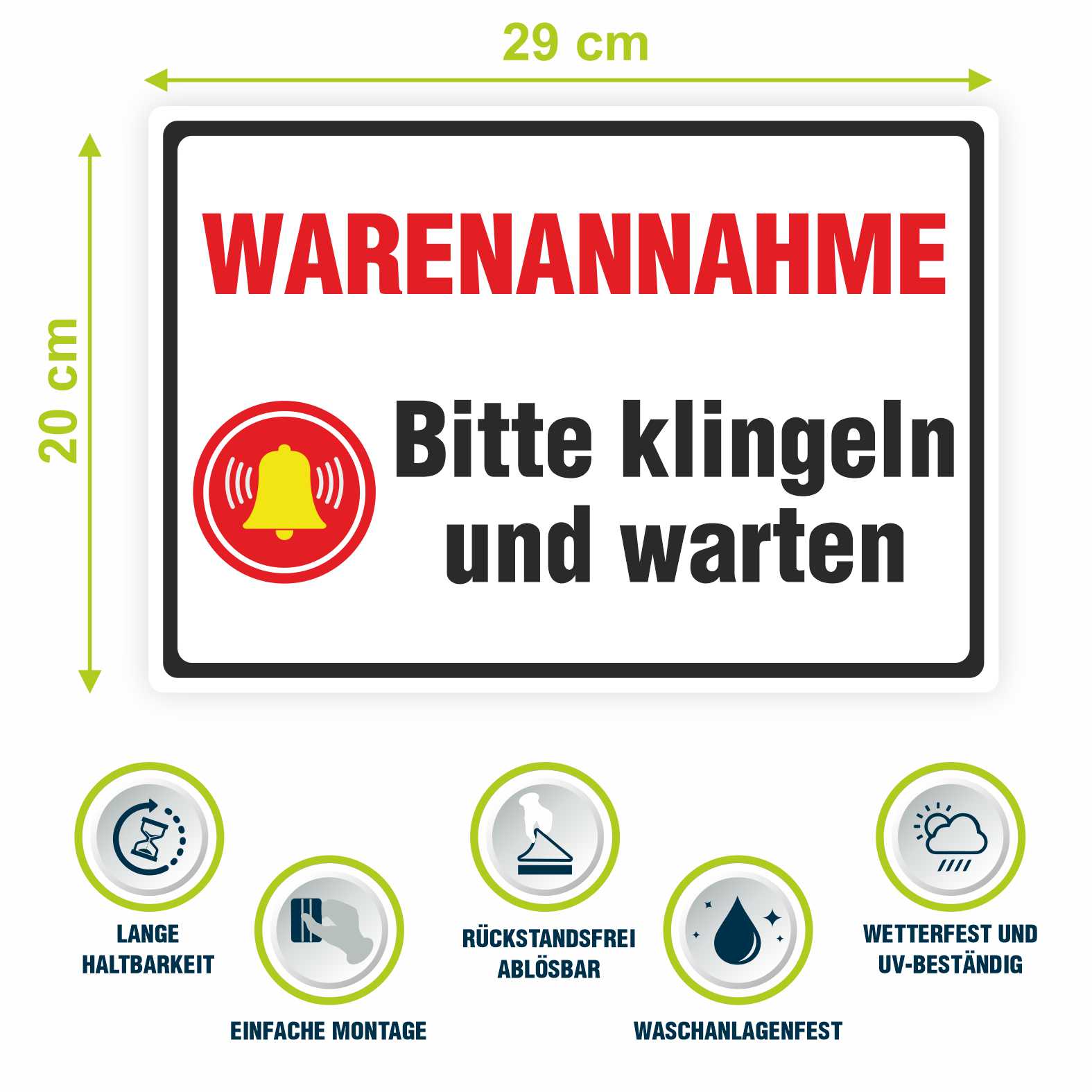 Aufkleber 29x20cm "Warenannahme - Bitte klingeln und warten"  - Hinweisaufkleber für den Innen- und Außenbereich - Folie selbstklebend - FOTOFOL