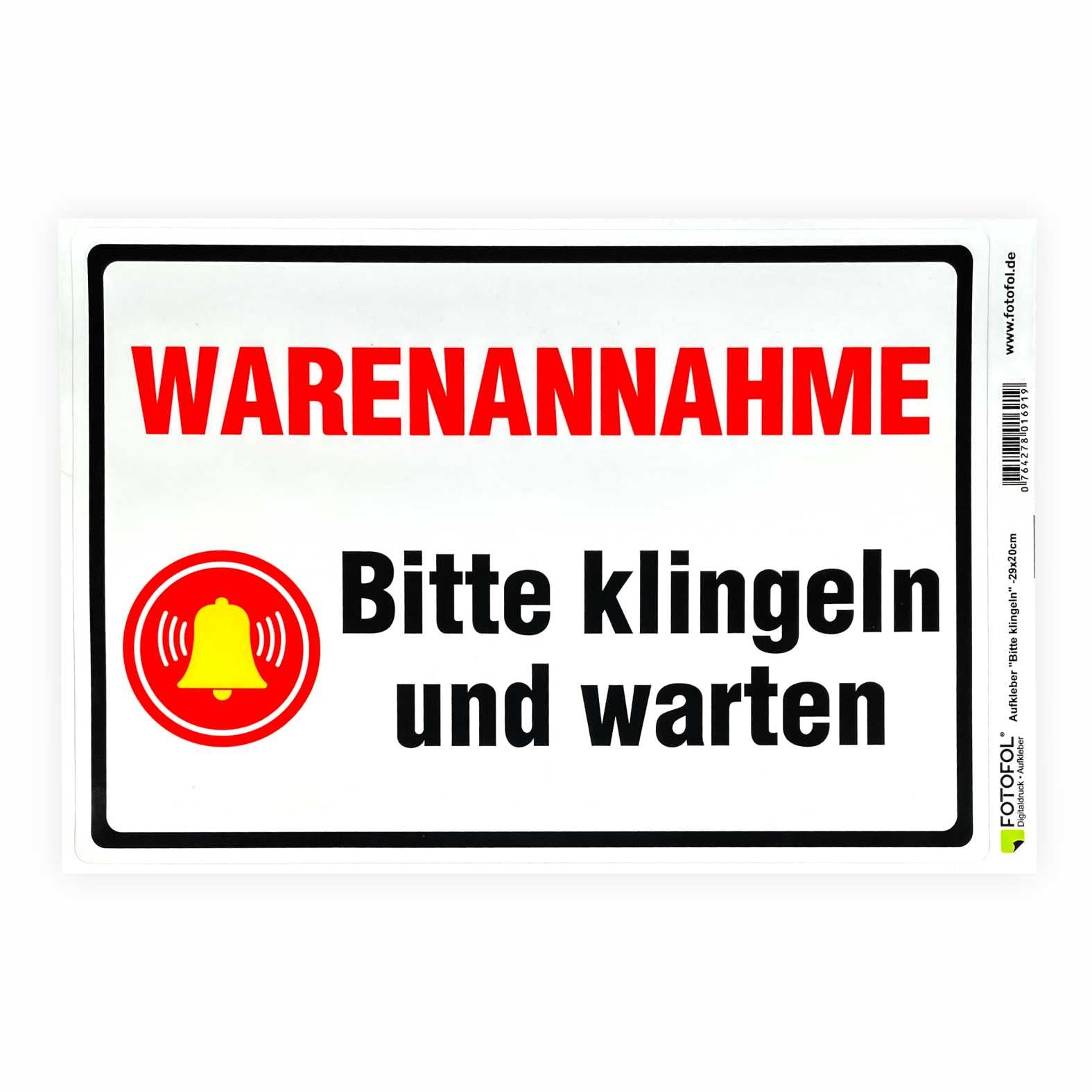 Aufkleber 29x20cm "Warenannahme - Bitte klingeln und warten"  - Hinweisaufkleber für den Innen- und Außenbereich - Folie selbstklebend - FOTOFOL