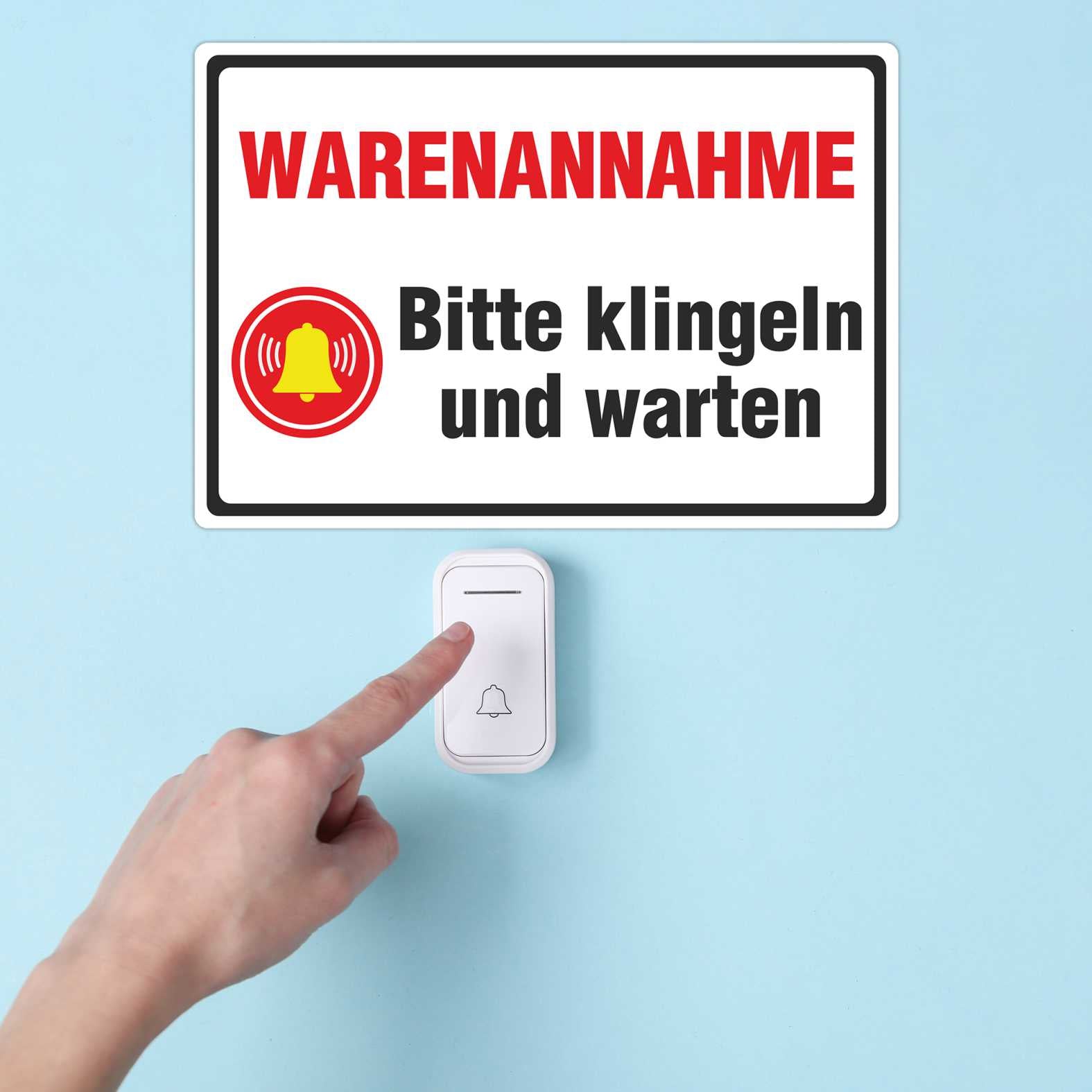 Aufkleber 29x20cm "Warenannahme - Bitte klingeln und warten"  - Hinweisaufkleber für den Innen- und Außenbereich - Folie selbstklebend - FOTOFOL