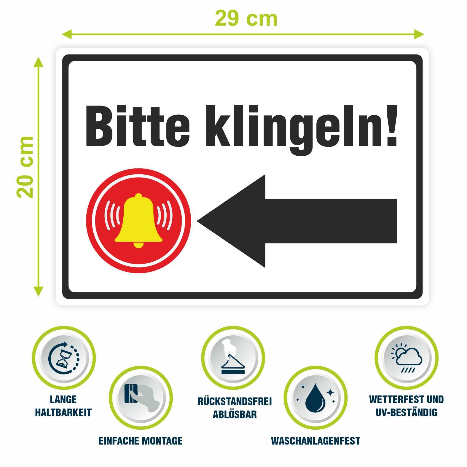 Aufkleber 29x20cm "Bitte klingeln - Pfeil rechts oder links"  - Hinweisaufkleber für den Innen- und Außenbereich - Folie selbstklebend - FOTOFOL