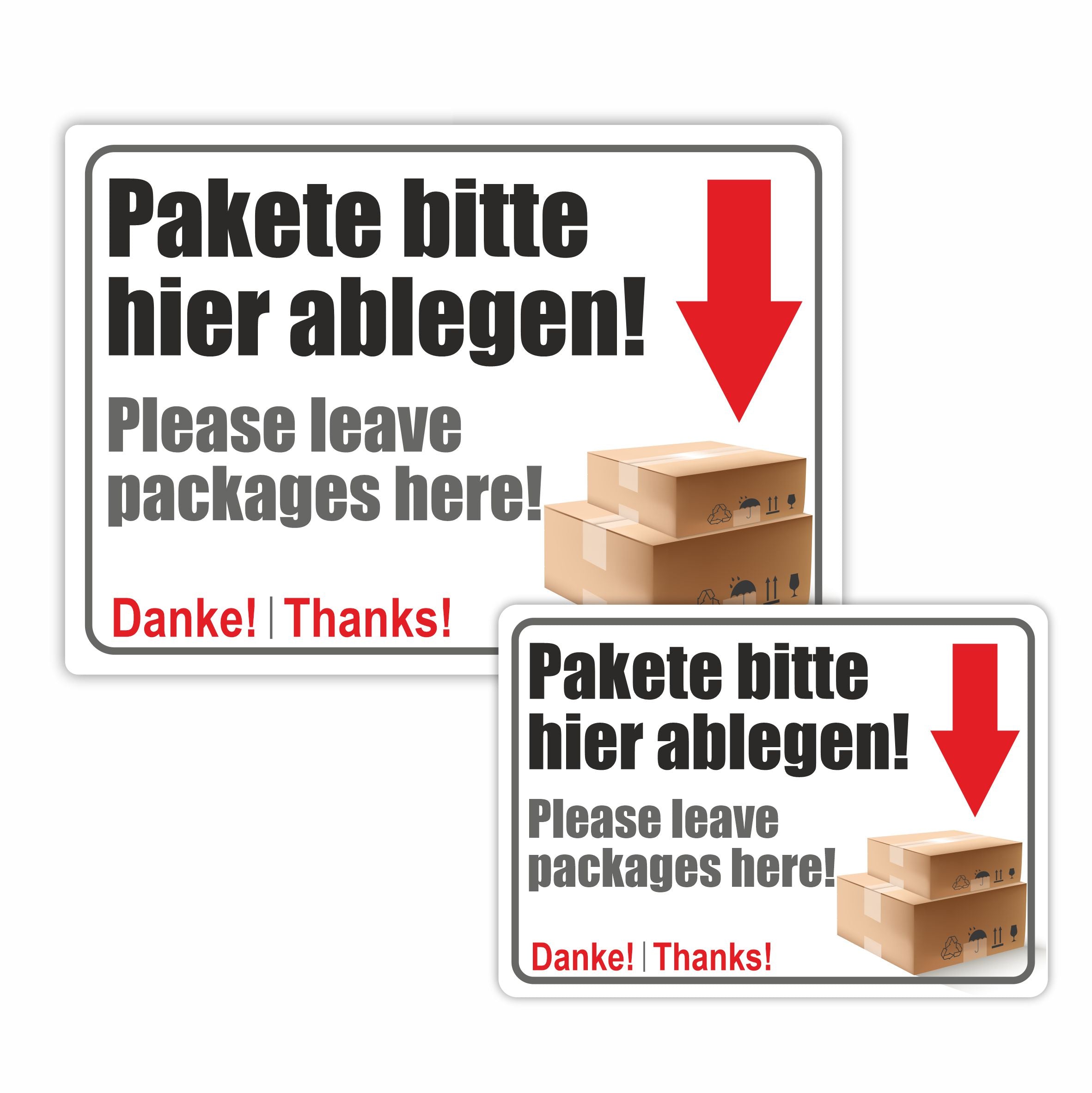 Aufkleber - "Pakete bitte hier ablegen!" - "Please leave packages here!" - FOTOFOL