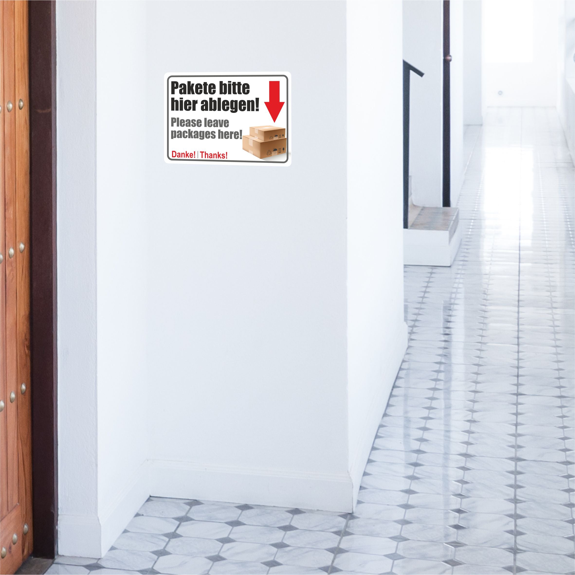 Aufkleber - "Pakete bitte hier ablegen!" - "Please leave packages here!" - FOTOFOL