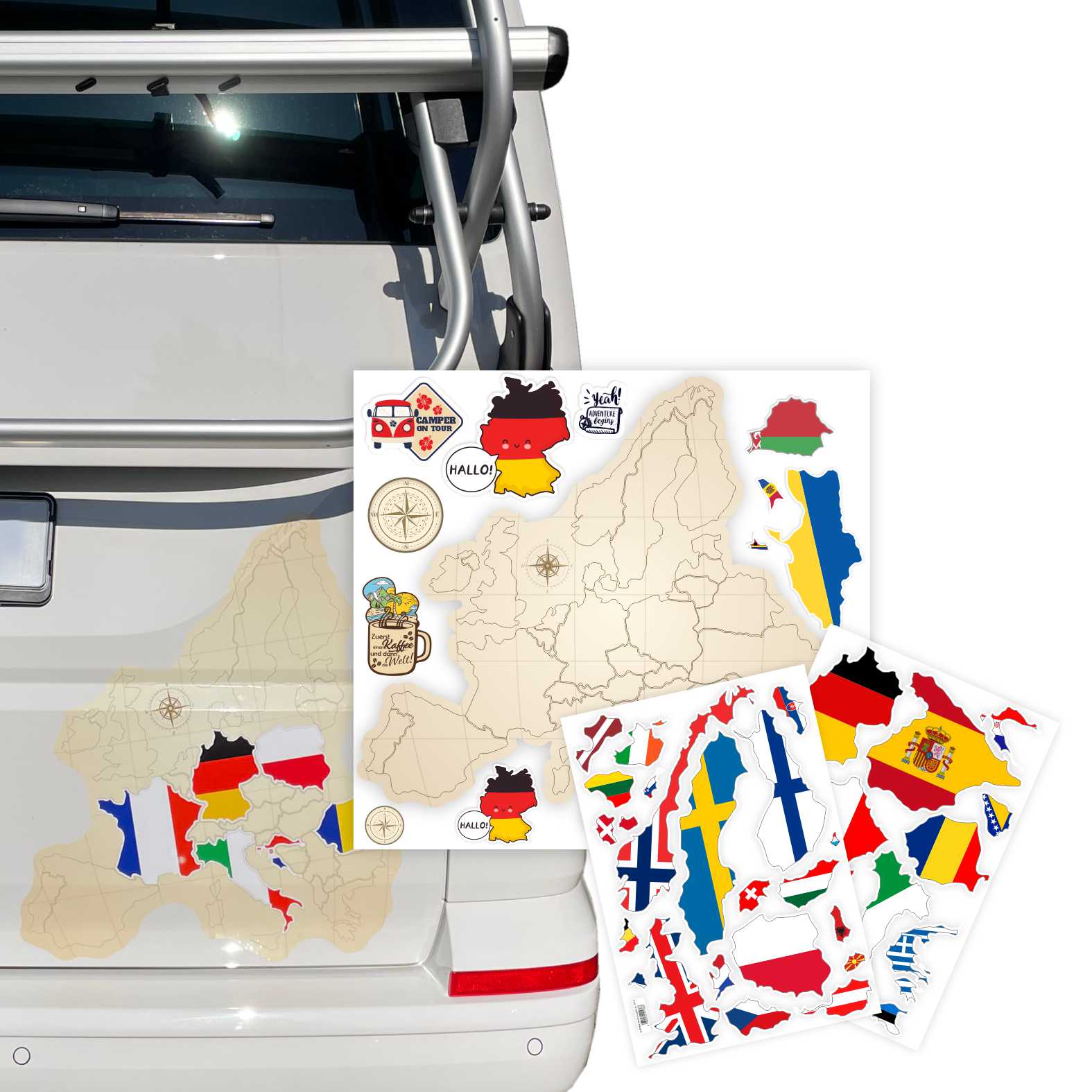 Europa Karte Aufkleber Set  zum Aufkleben - für Fahrzeuge, Möbel, Tür, Wand, Fenster - perfekt für VW Bulli California - FOTOFOL