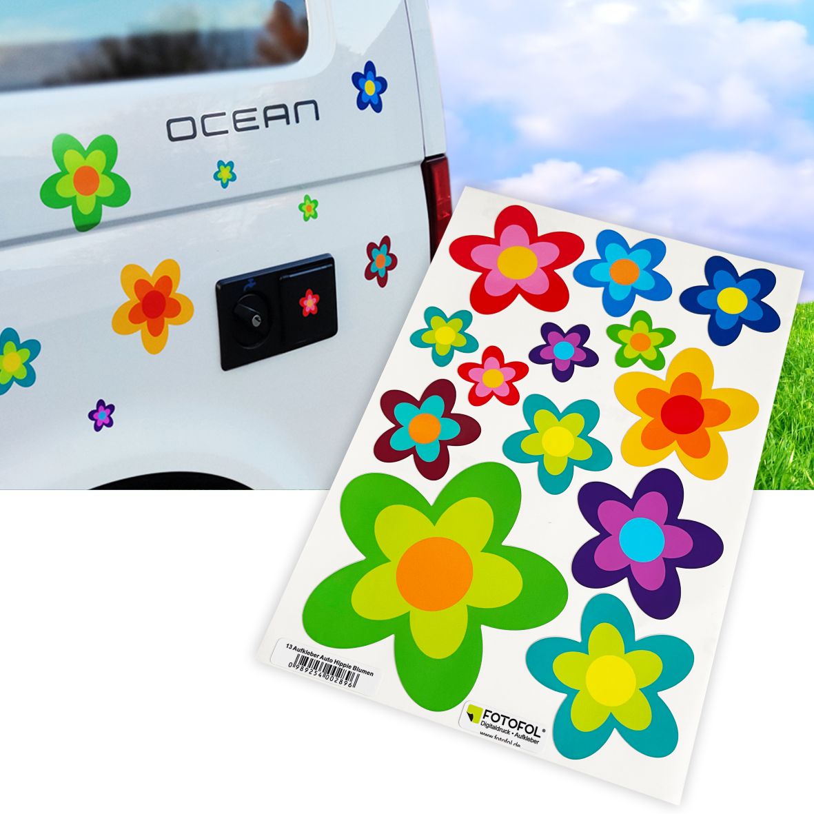 13 Aufkleber Auto Hippie Blumen Flower Power Sommer - FOTOFOL
