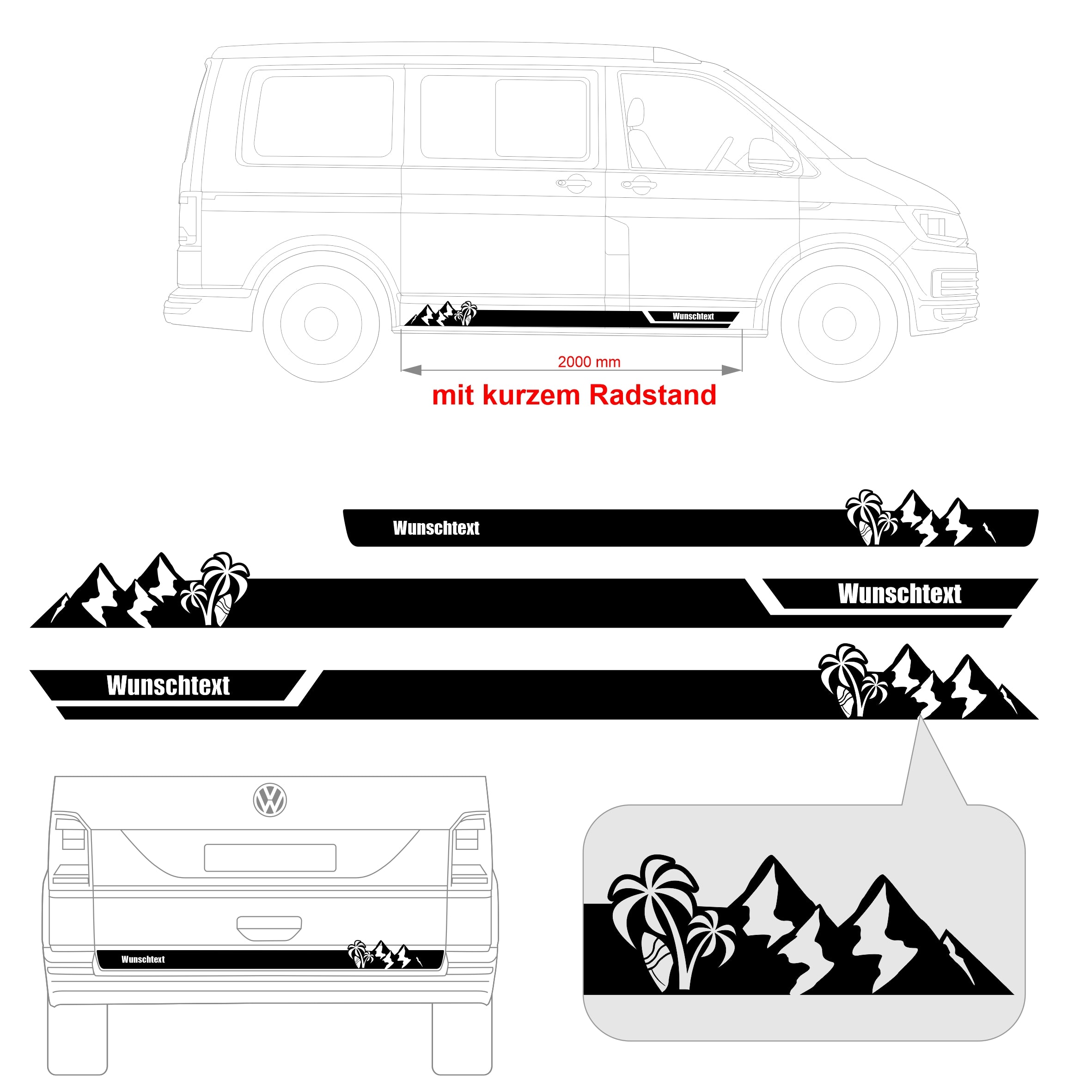 Seitenstreifen Aufkleber Berge-Palme-Surfbrett passend für VW T6.1, T6, T5, Multivan, Bulli, Transporter - mit WUNSCHTEXT