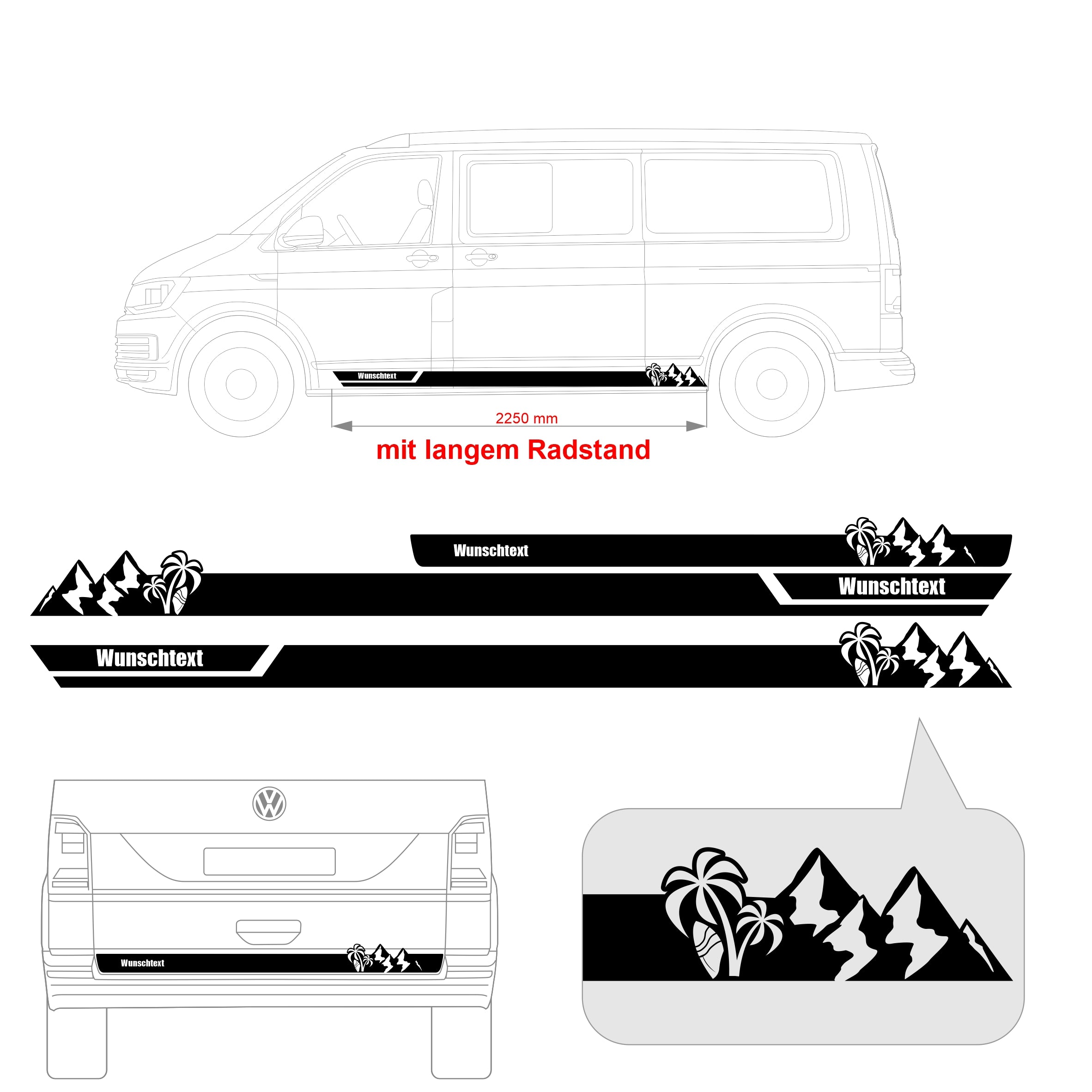 Seitenstreifen Aufkleber Berge-Palme-Surfbrett passend für VW T6.1, T6, T5, Multivan, Bulli, Transporter - mit WUNSCHTEXT