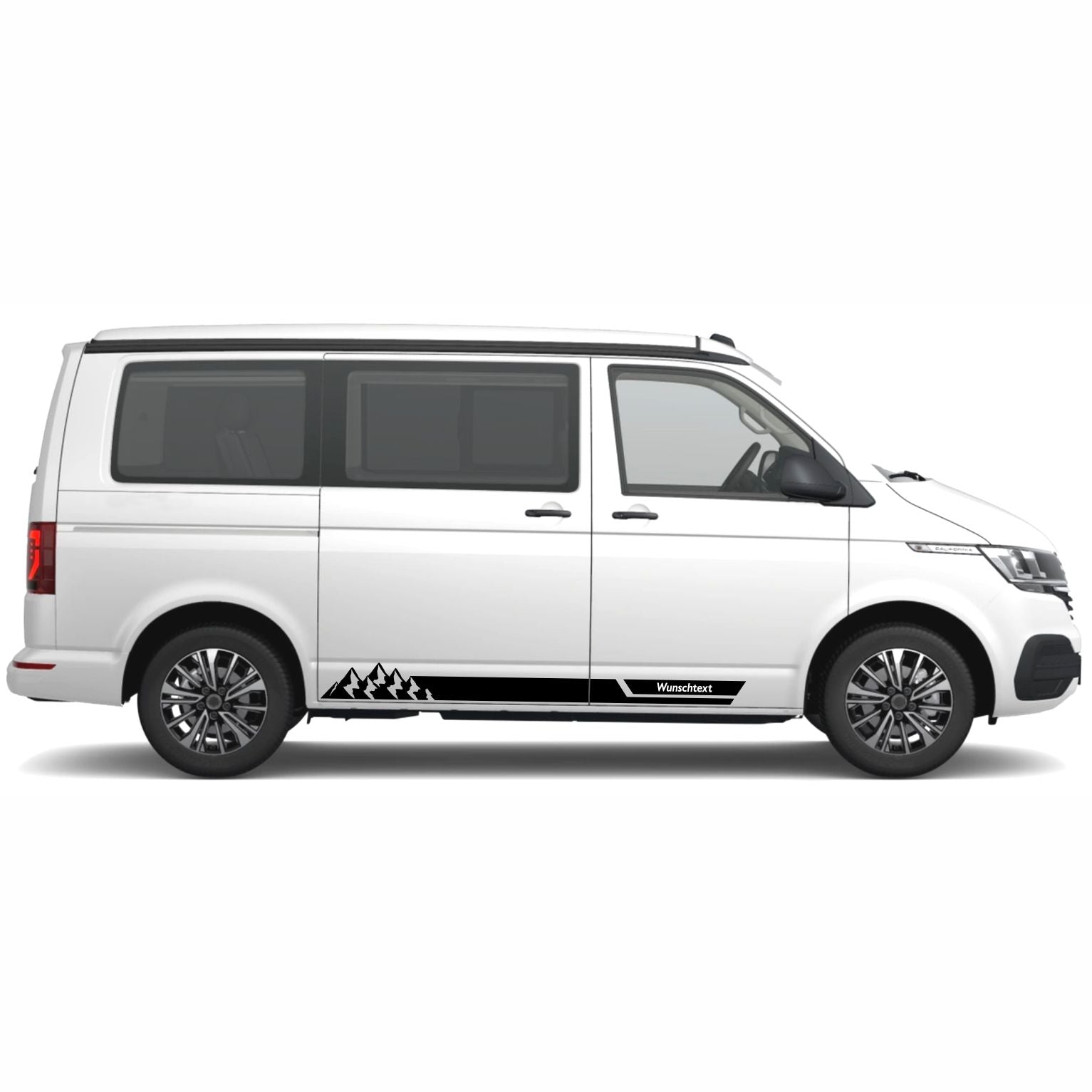 Seitenstreifen Aufkleber mit "Berge" Motiv passend für VW T6.1, T6, T5, Multivan, Bulli, Transporter - WUNSCHTEXT - FOTOFOL