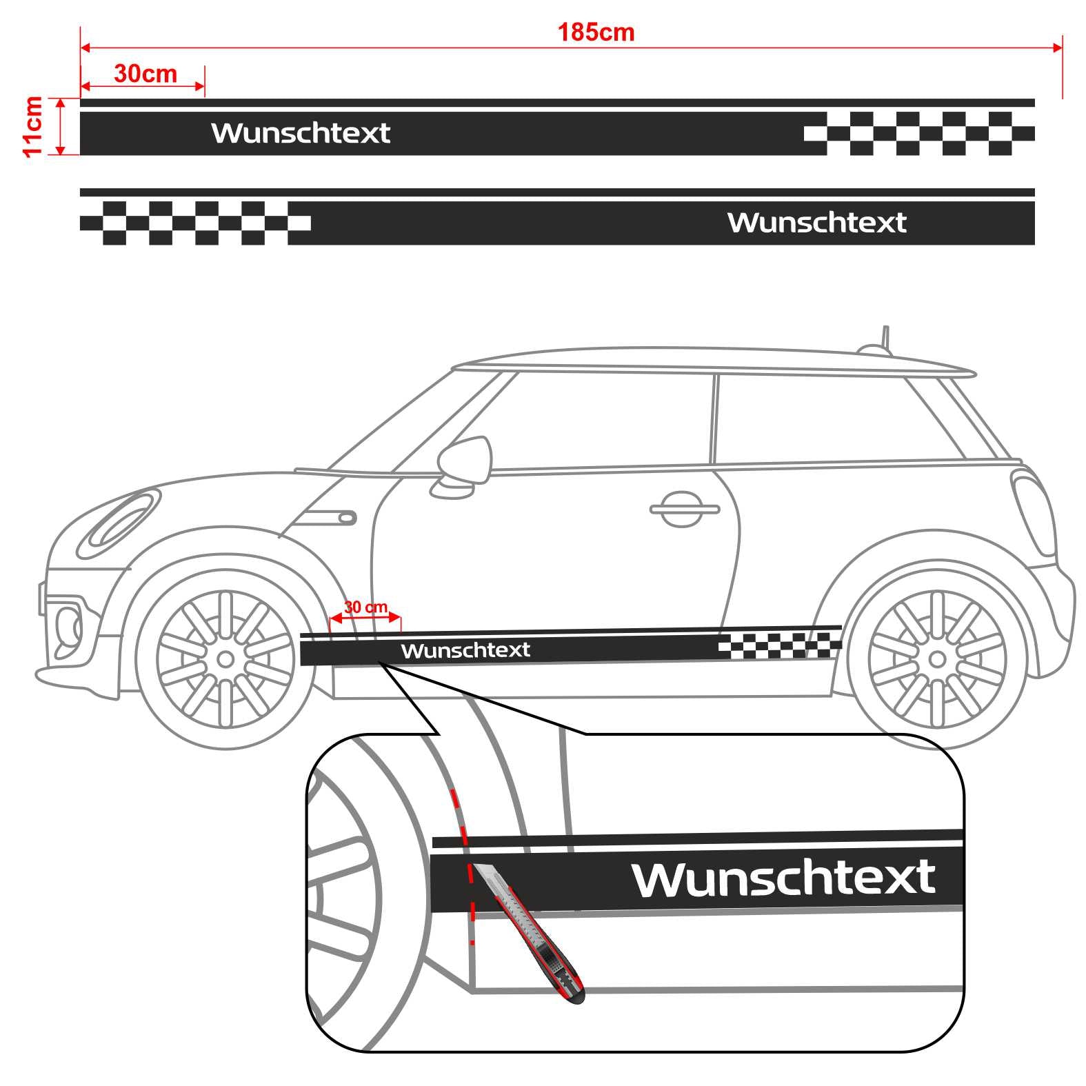 Seitenstreifen passt für Mini Cooper Wunschtext Aufkleber 185 x 11 cm - FOTOFOL