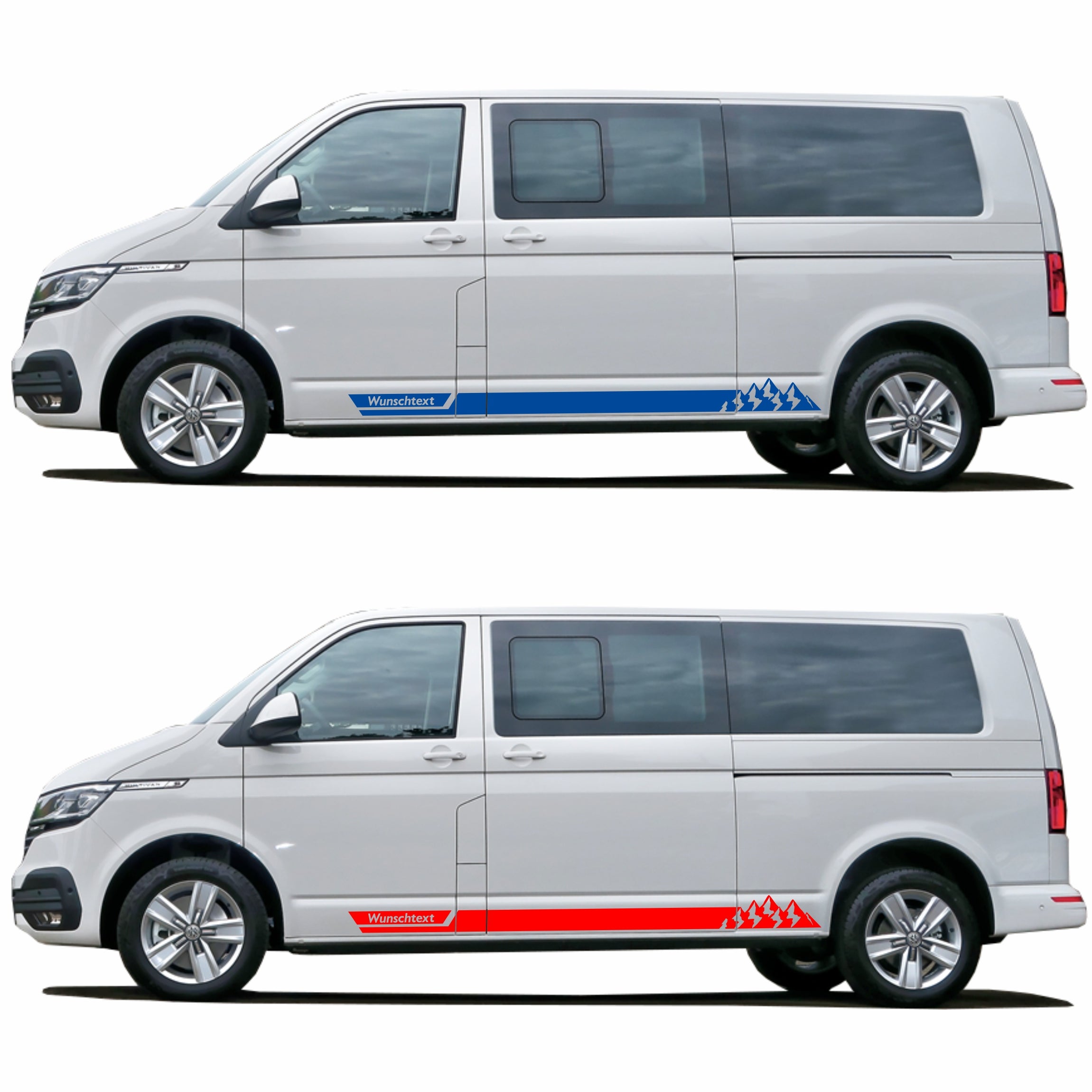 Seitenstreifen Aufkleber mit "Berge" Motiv passend für VW T6.1, T6, T5, Multivan, Bulli, Transporter - WUNSCHTEXT