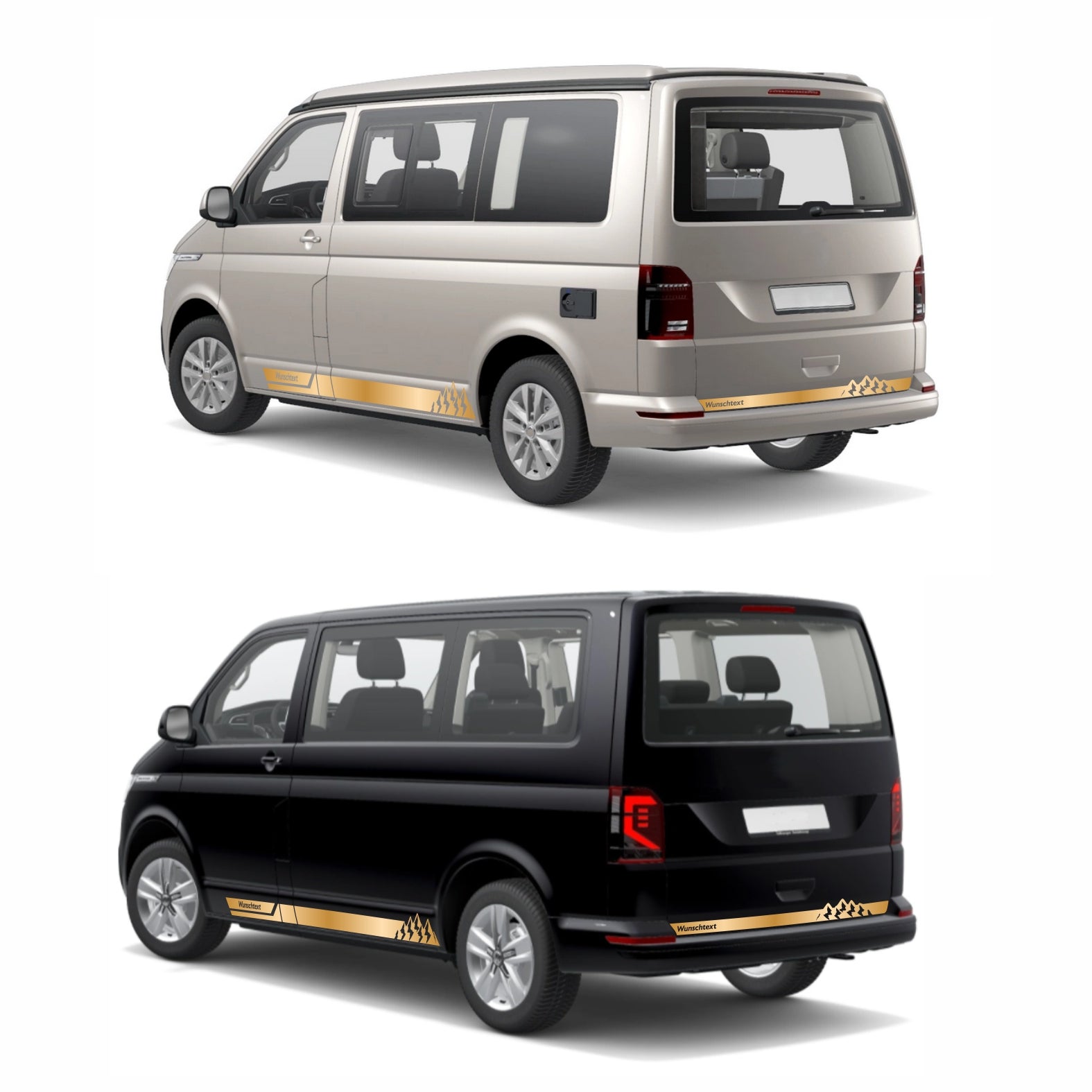 Seitenstreifen Aufkleber mit "Berge" Motiv passend für VW T6.1, T6, T5, Multivan, Bulli, Transporter - WUNSCHTEXT