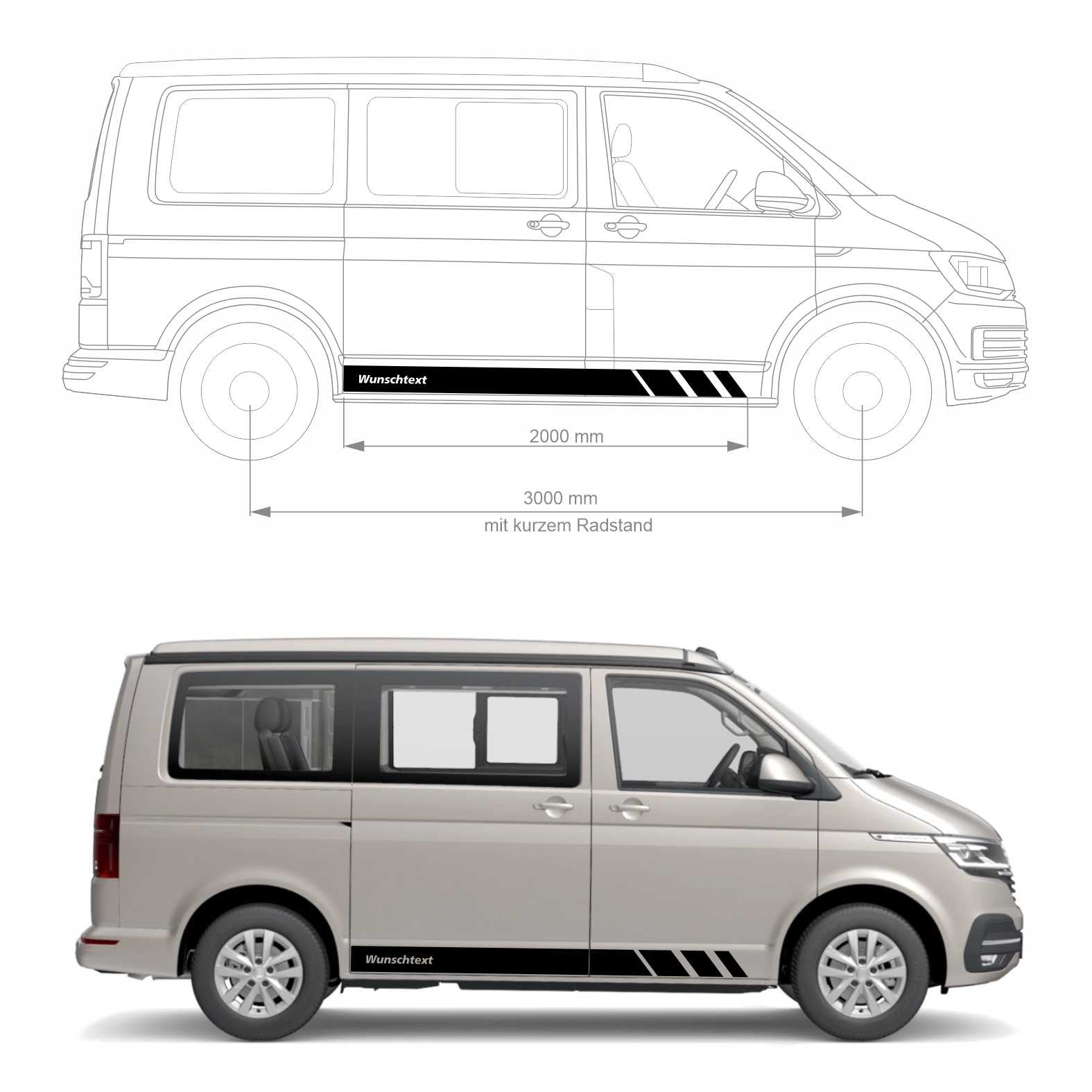 Seitenstreifen passend für VW T6.1, T6, T5, Multivan, Bulli, Wunschtext, Seitenaufkleber  + Rakel