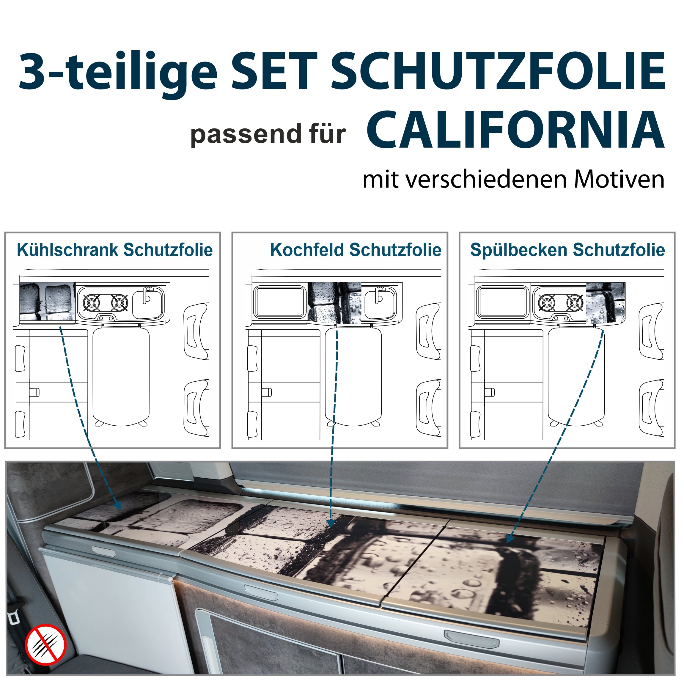 Schutzfolien Auto-Set, passend für VW T6.1 oder T6 California -
Schutz für Glass-Abdeckung vom Kühlschrank, Kochfeld,
Spülbecken mit verschiedenen Motiven | FOTOFOL