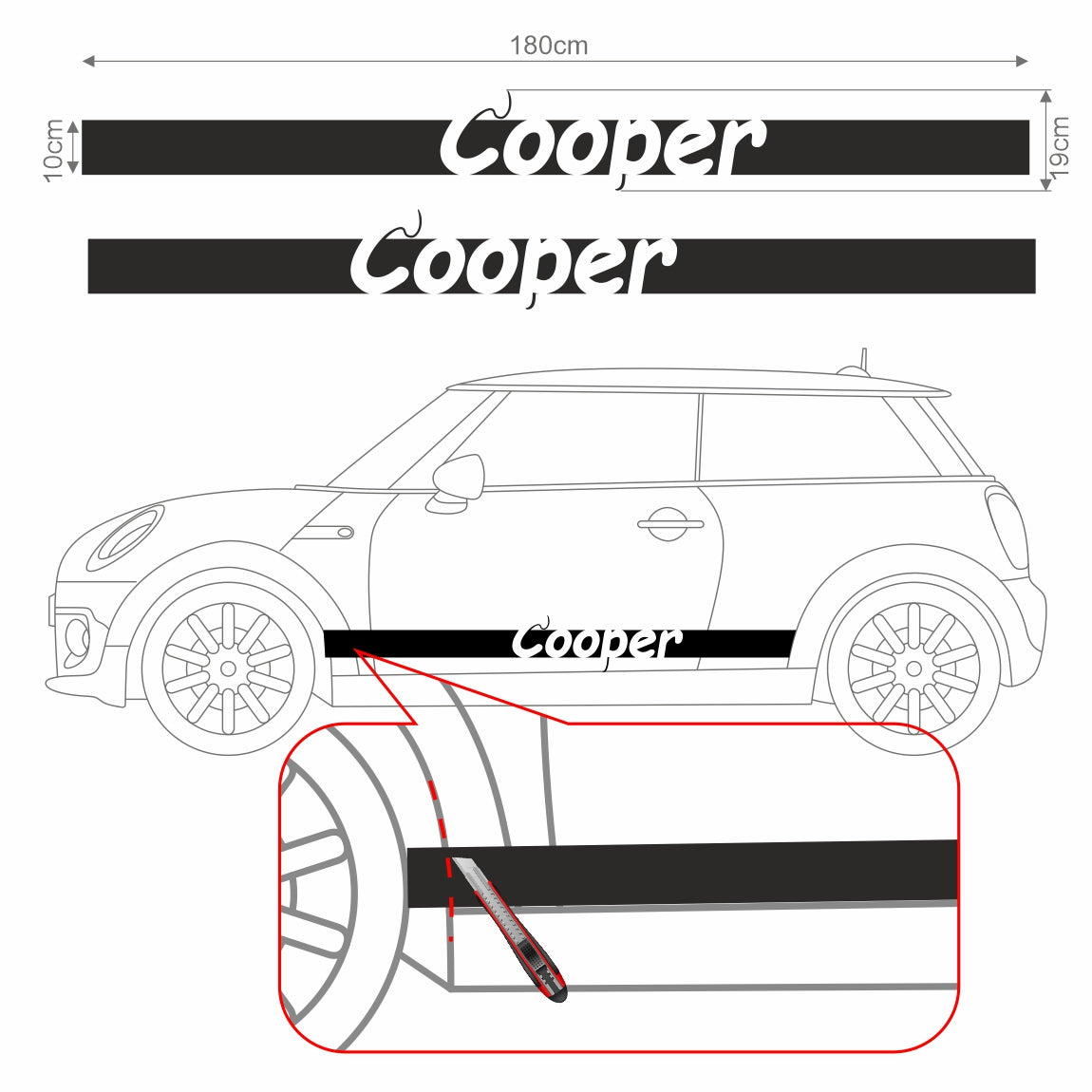 Seitenstreifen Mini Cooper "Cooper" Aufkleber  Auto Sticker 180 x 19 cm - FOTOFOL