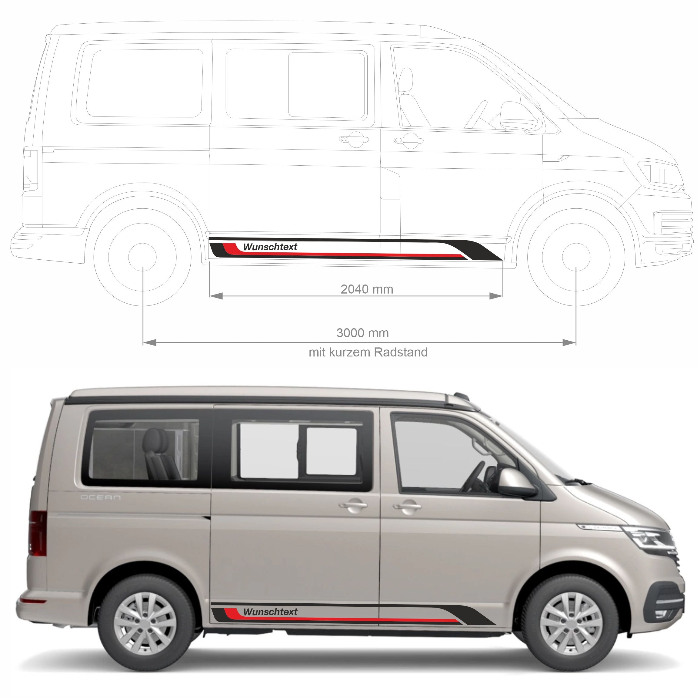 Seitenstreifen Aufkleber passend für VW T6 T5 T6.1 Edition (Schwarz/Rot) mit Wunschtext