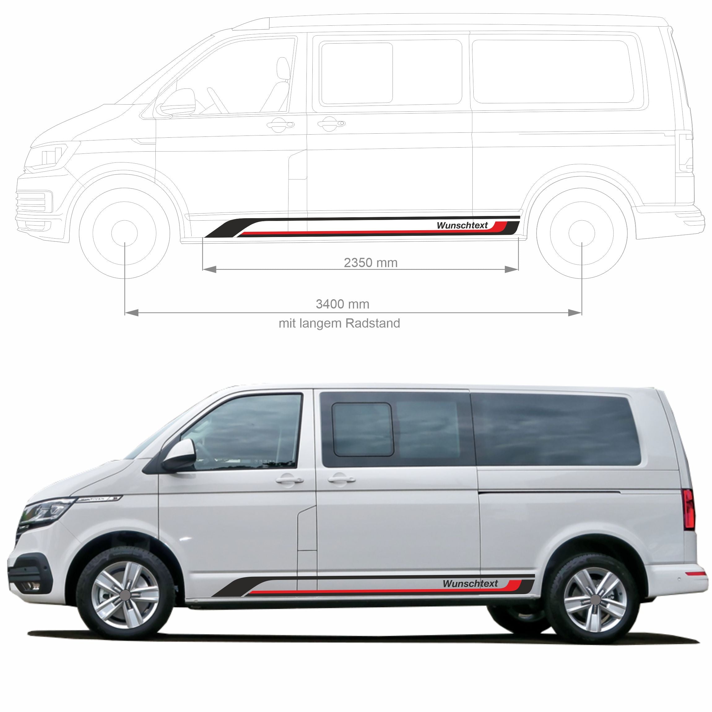 Seitenstreifen Aufkleber passend für VW T6 T5 T6.1 Edition (Schwarz/Rot) mit Wunschtext
